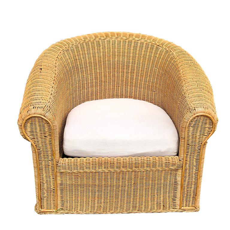 Wood Round Wicker Bamboo Rattan Trompe L'oeil Draped Ghost Table and Chair Set 1970s 