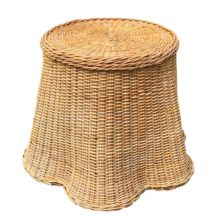 American Round Wicker Bamboo Rattan Trompe L'oeil Draped Ghost Table and Chair Set 1970s 