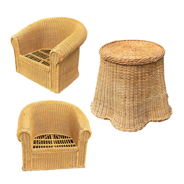 Round Wicker Bamboo Rattan Trompe L'oeil Draped Ghost Table and Chair Set 1970s  In Good Condition In Oklahoma City, OK