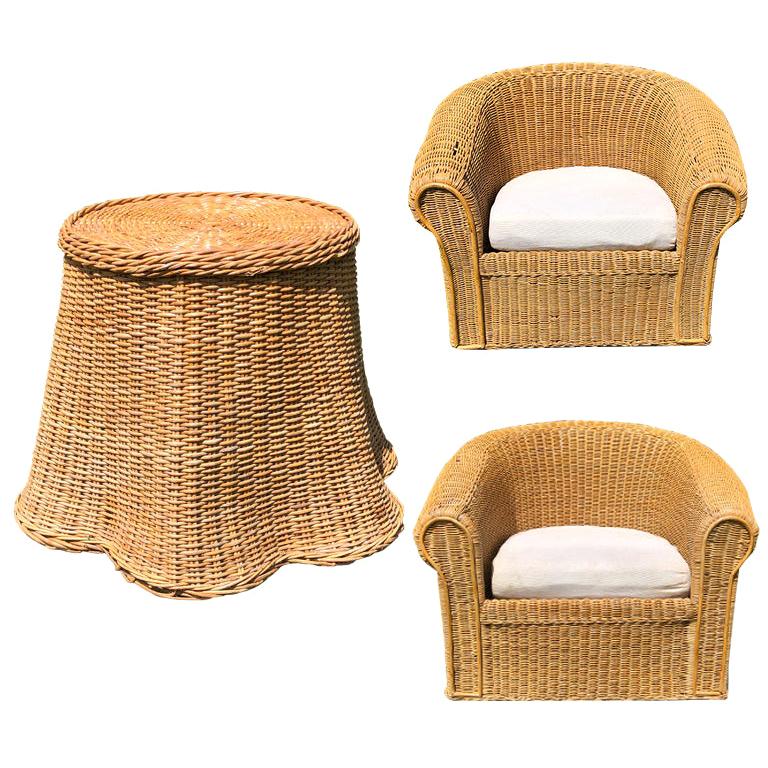 Round Wicker Bamboo Rattan Trompe L'oeil Draped Ghost Table and Chair Set 1970s 