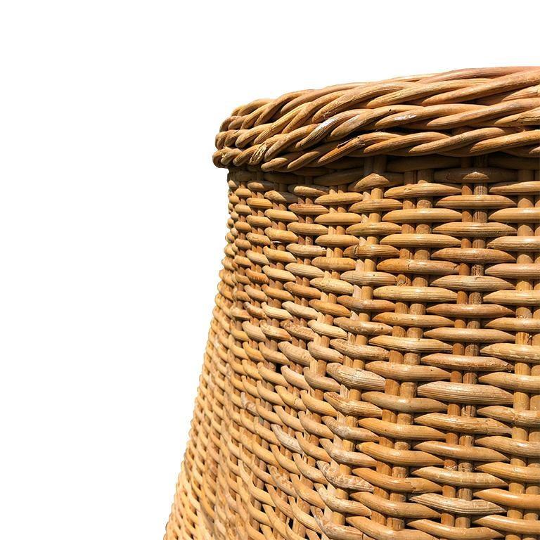 Hollywood Regency Round Wicker Bamboo Rattan Trompe l'Oeil Ghost or Draped Table with Glass, 1970