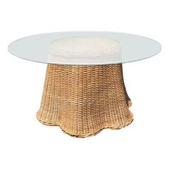 Vintage Round Wicker Bamboo Rattan Trompe l'Oeil Ghost or Draped Table with Glass, 1970