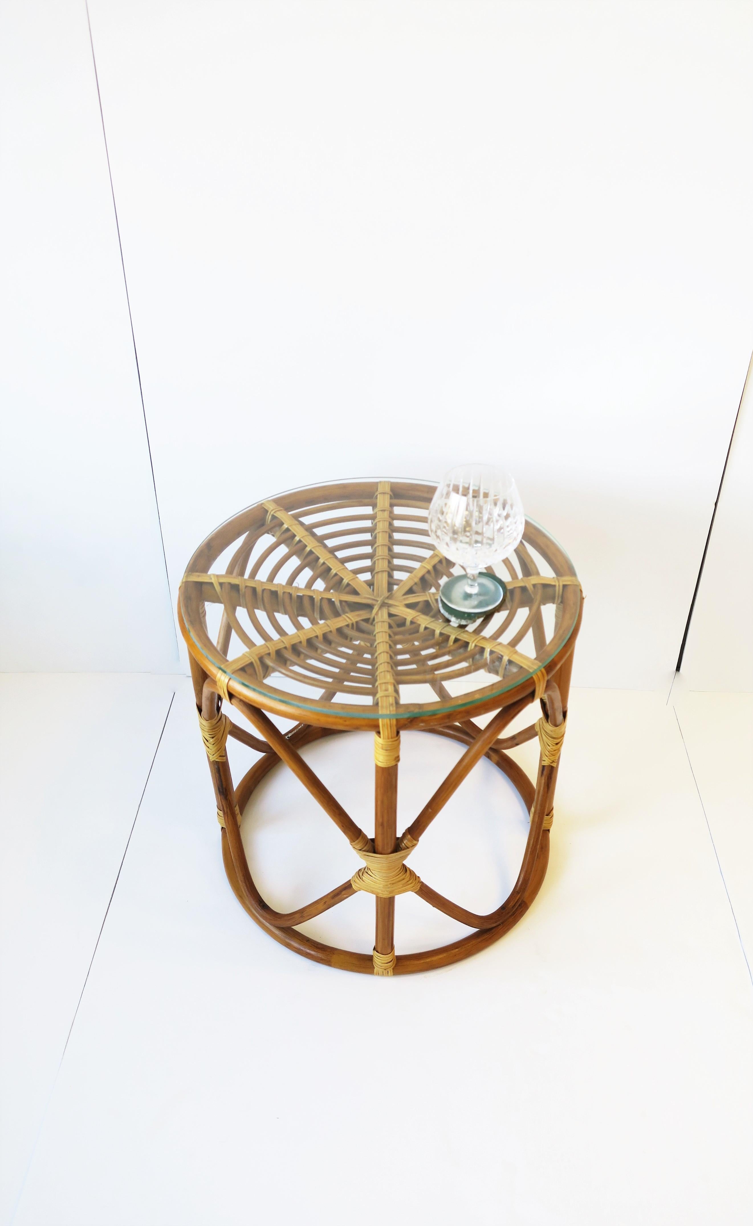 American Wicker Rattan Bentwood Side Table with Glass Top