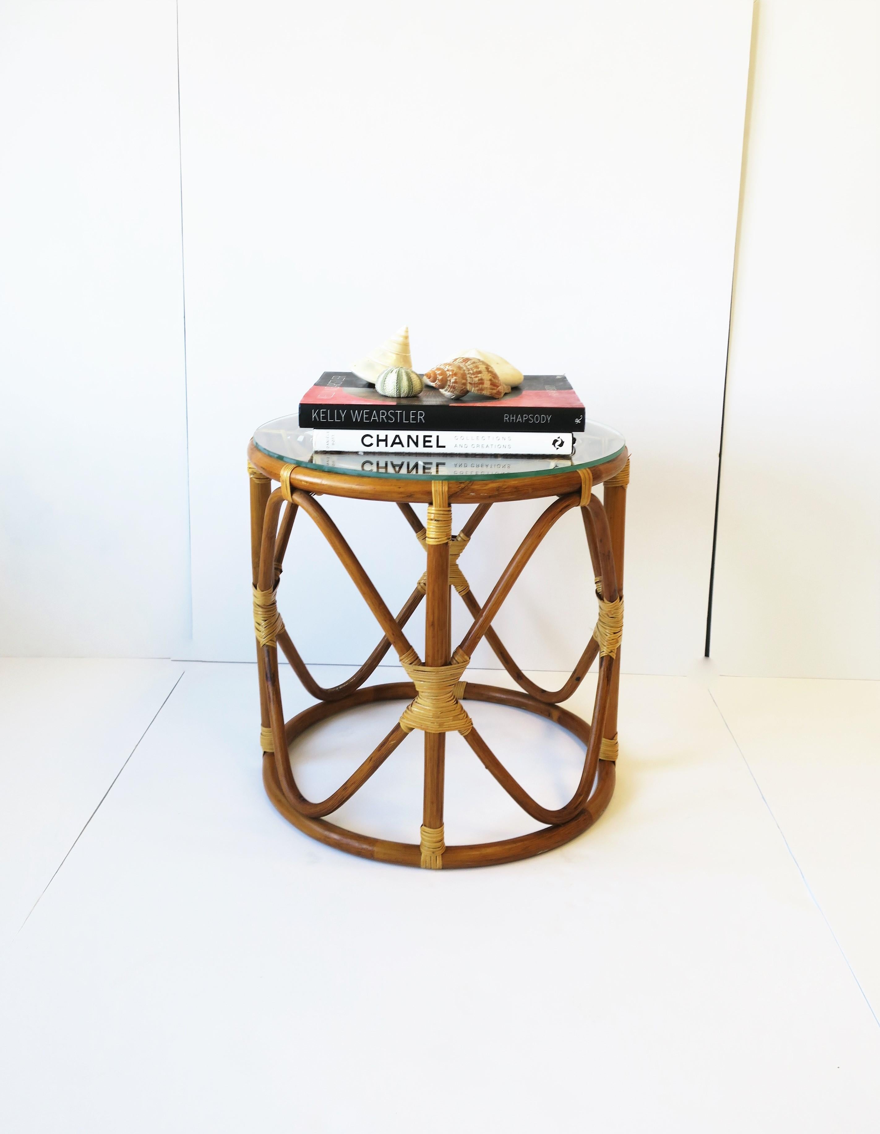 Late 20th Century Wicker Rattan Bentwood Side Table with Glass Top