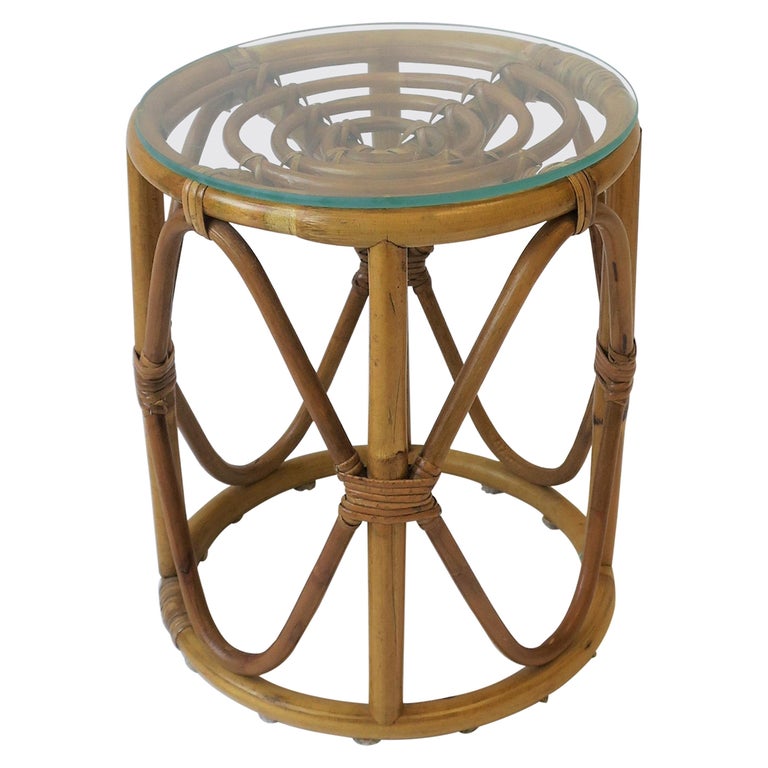 Wicker Rattan Bentwood Side Table With, Round Wicker Side Table With Glass Top