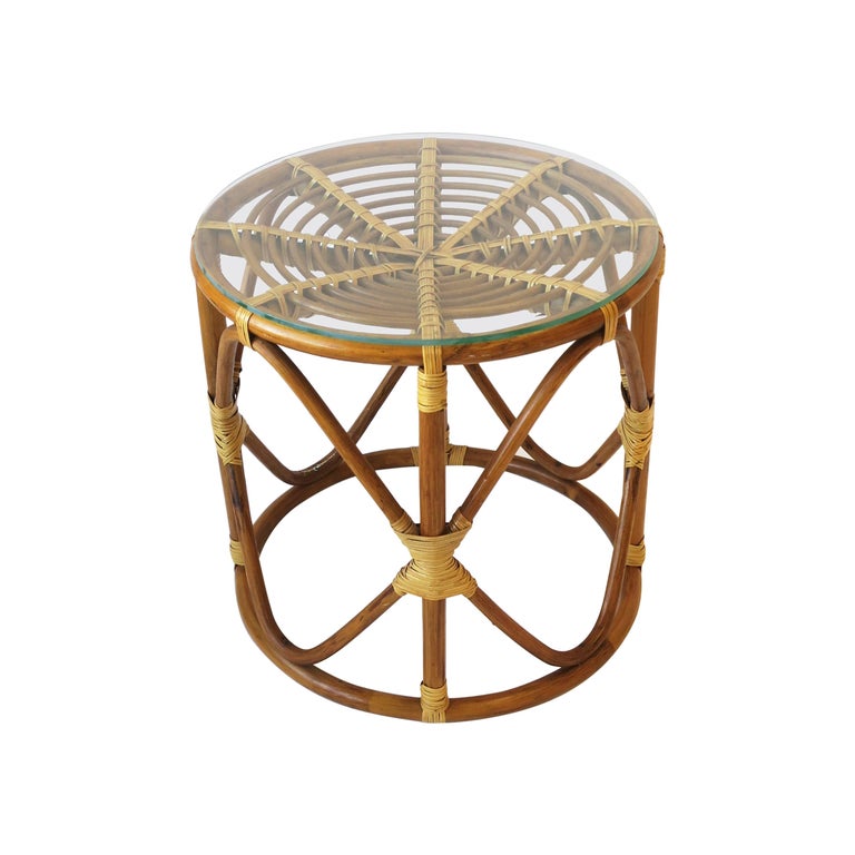 Wicker Rattan Bentwood Side Table With, Round Wicker End Table With Glass Top