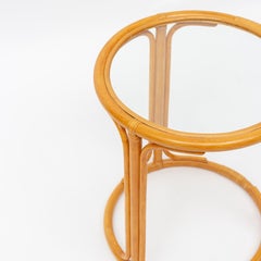 Round Wicker Rattan Side Table with Glass Top, 1970s