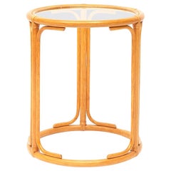 Round Wicker Rattan Side Table with Glass Top, 1970s
