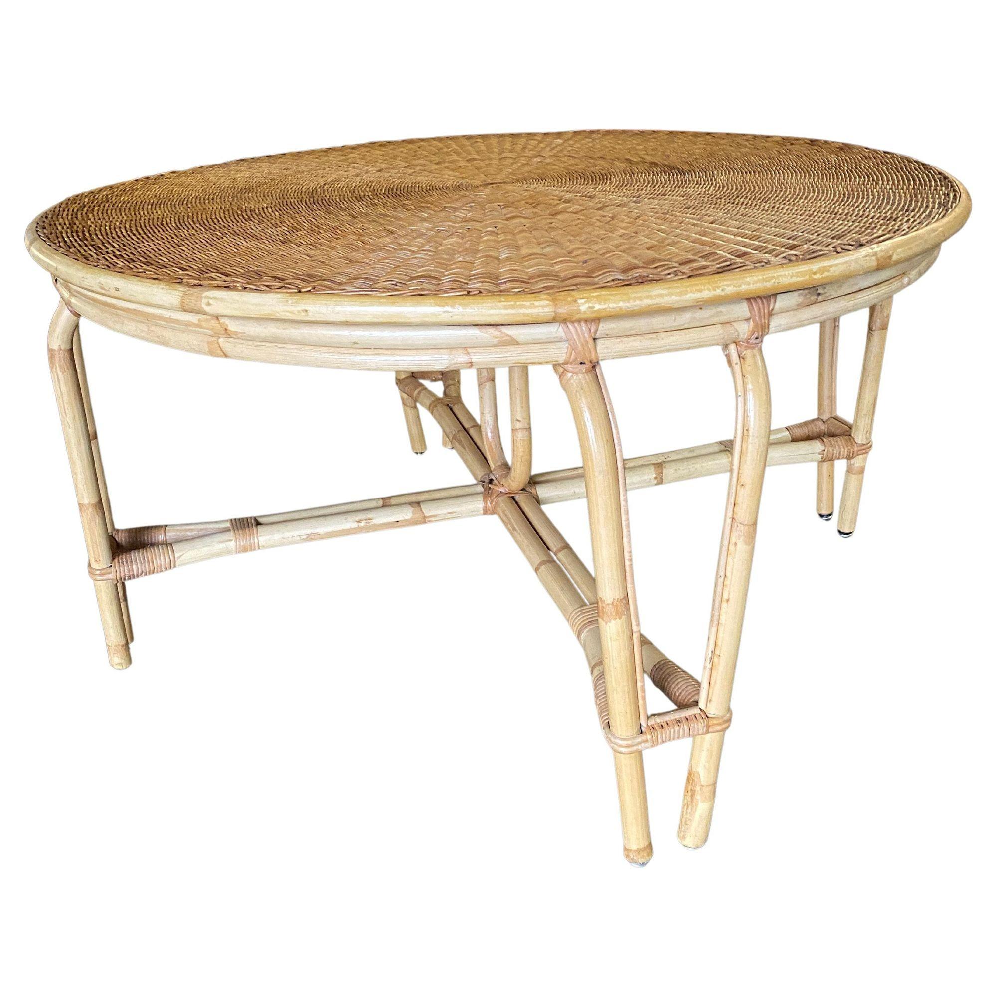 American Round Wicker Top Rattan Table with Matching Stools Dining Set For Sale