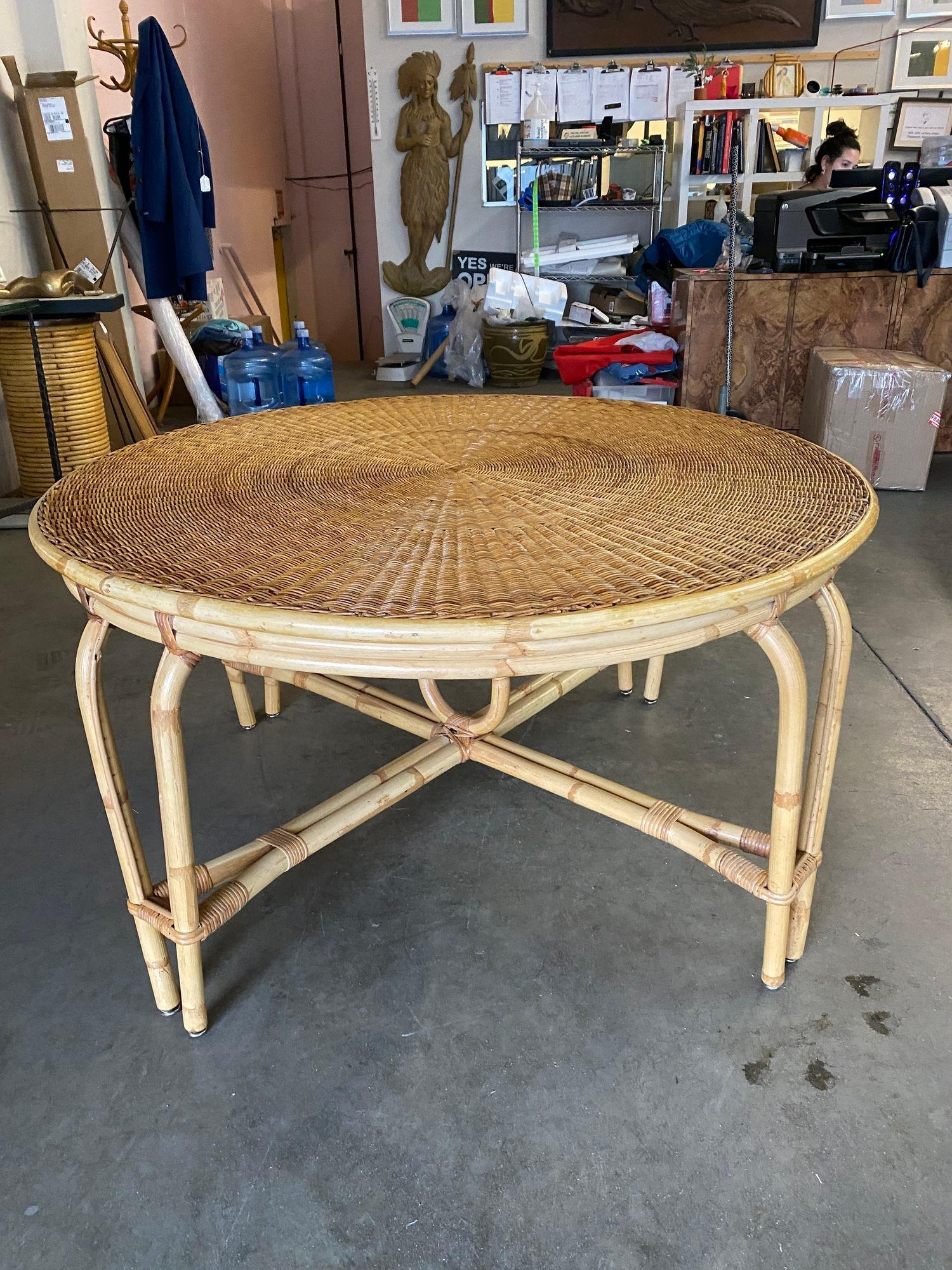 Mid-20th Century Round Wicker Top Rattan Table with Matching Stools Dining Set For Sale