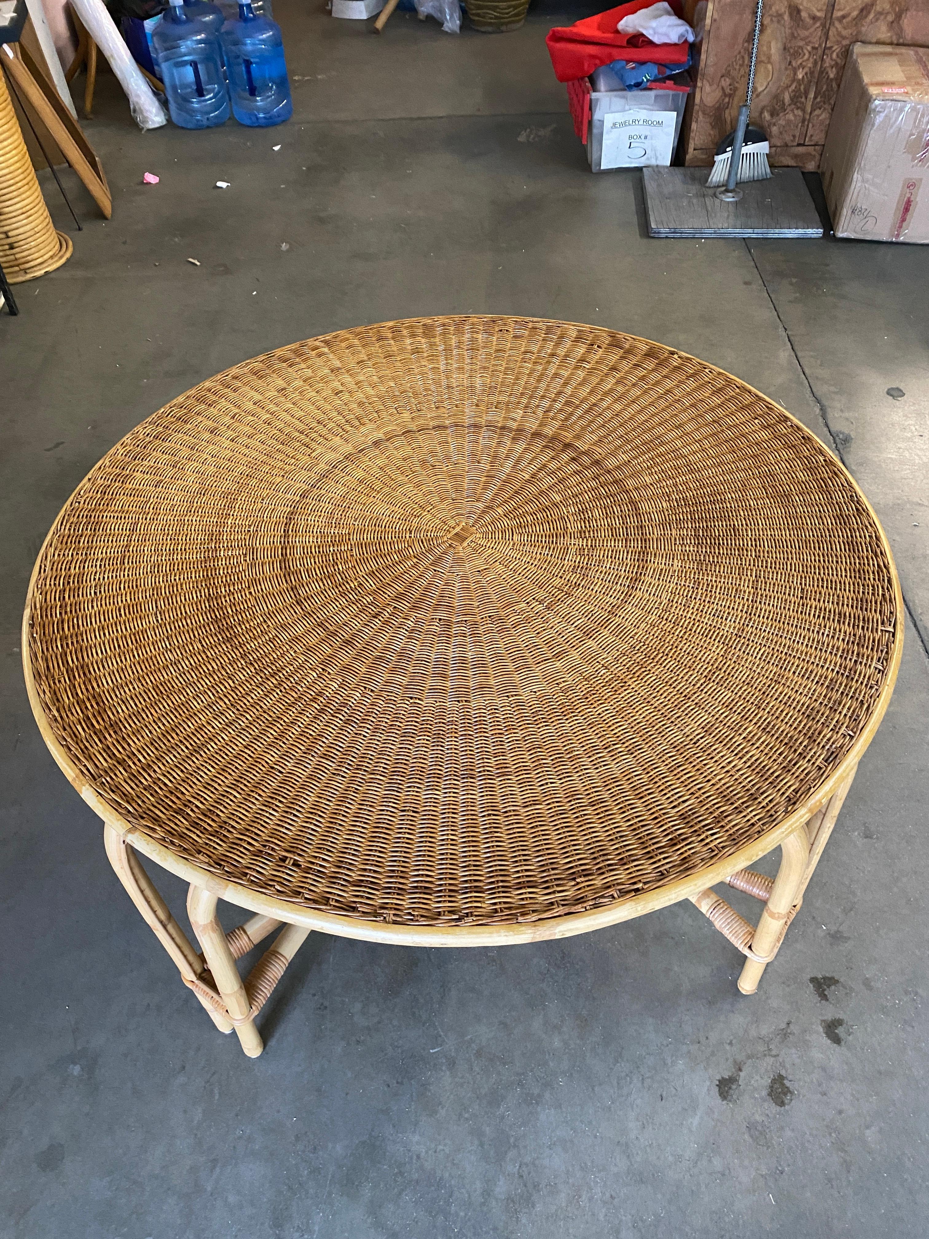 Mid-20th Century Round Wicker Top Rattan Table w/ Matching Stools Dining Set