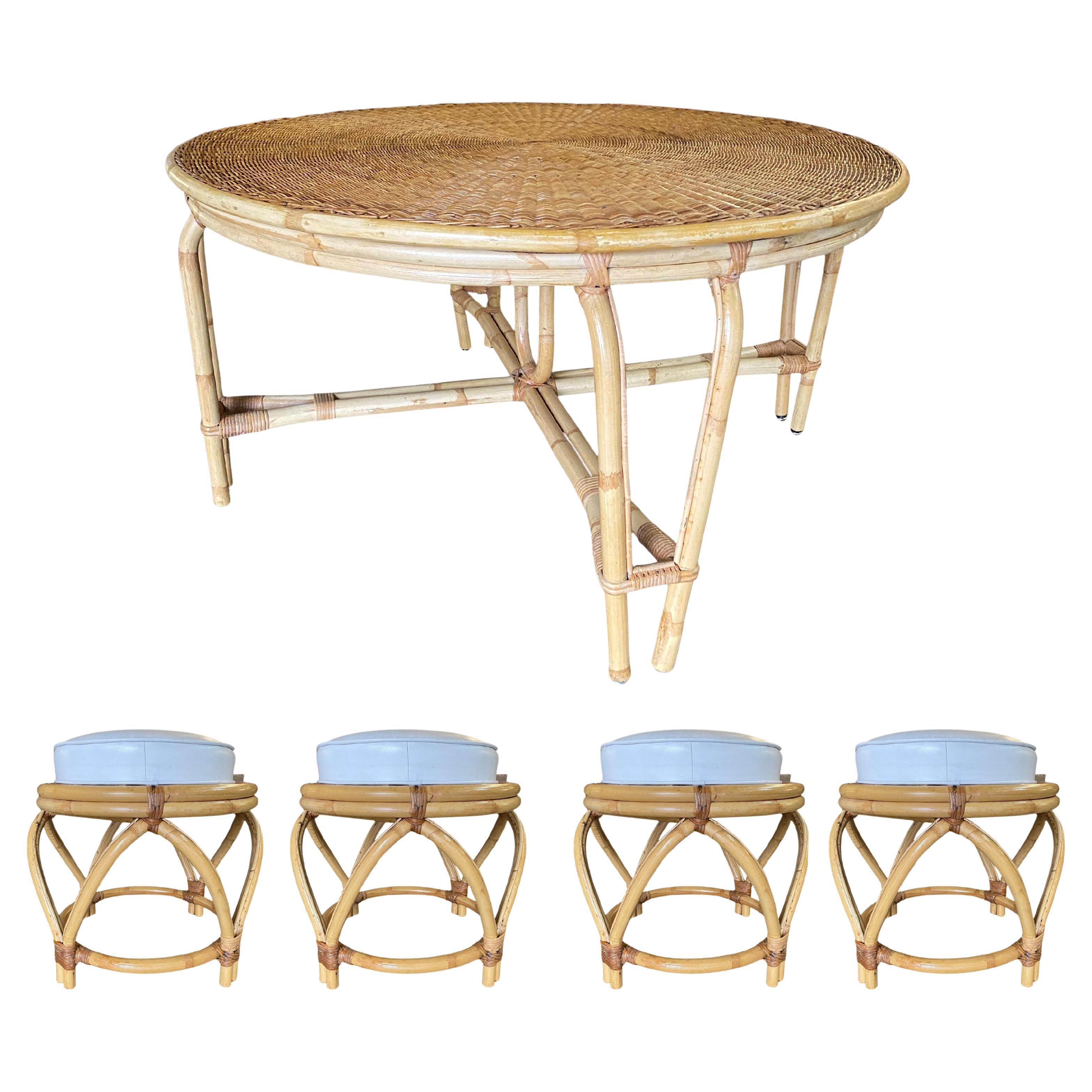 Round Wicker Top Rattan Table w/ Matching Stools Dining Set