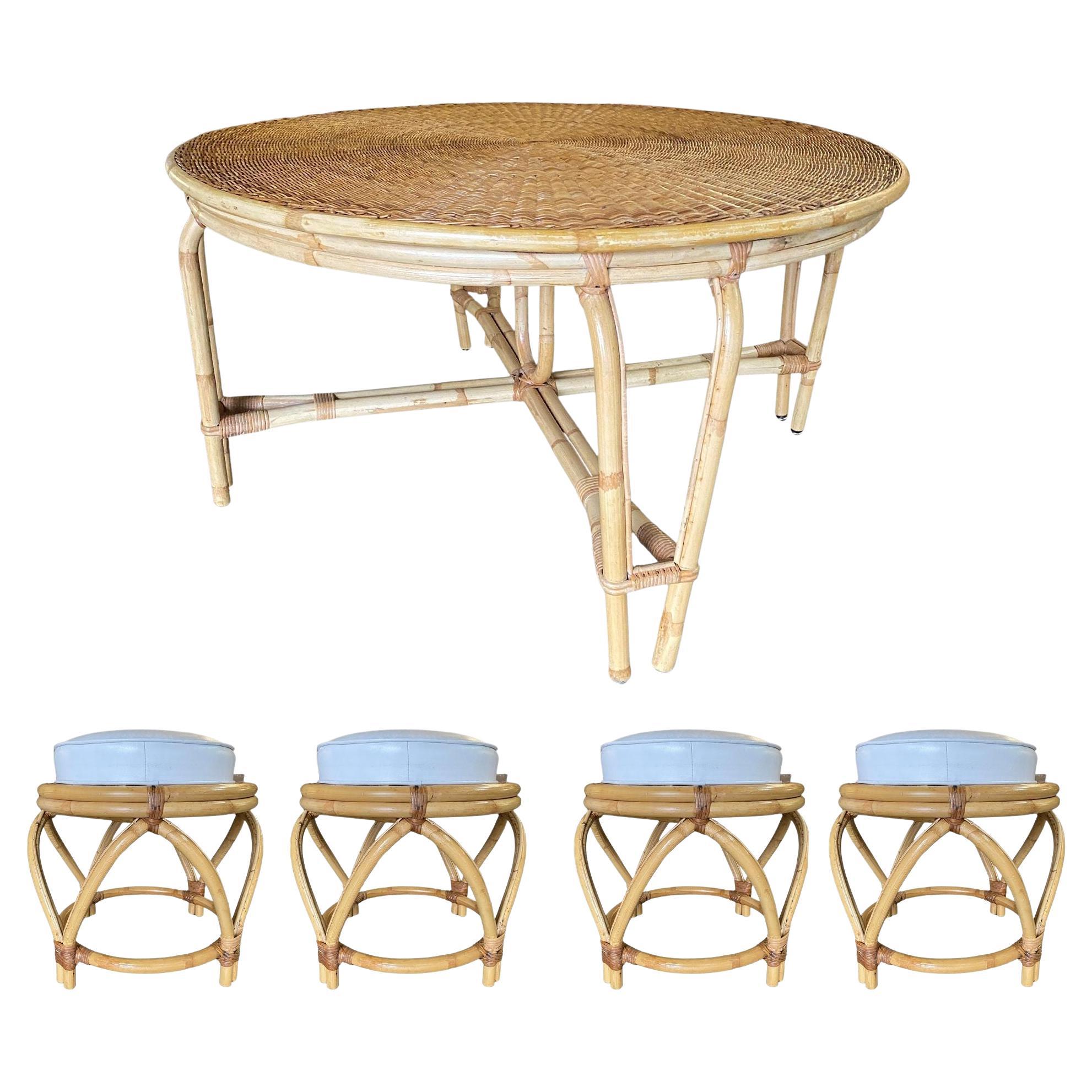 Round Wicker Top Rattan Table with Matching Stools Dining Set For Sale
