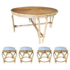 Retro Round Wicker Top Rattan Table with Matching Stools Dining Set