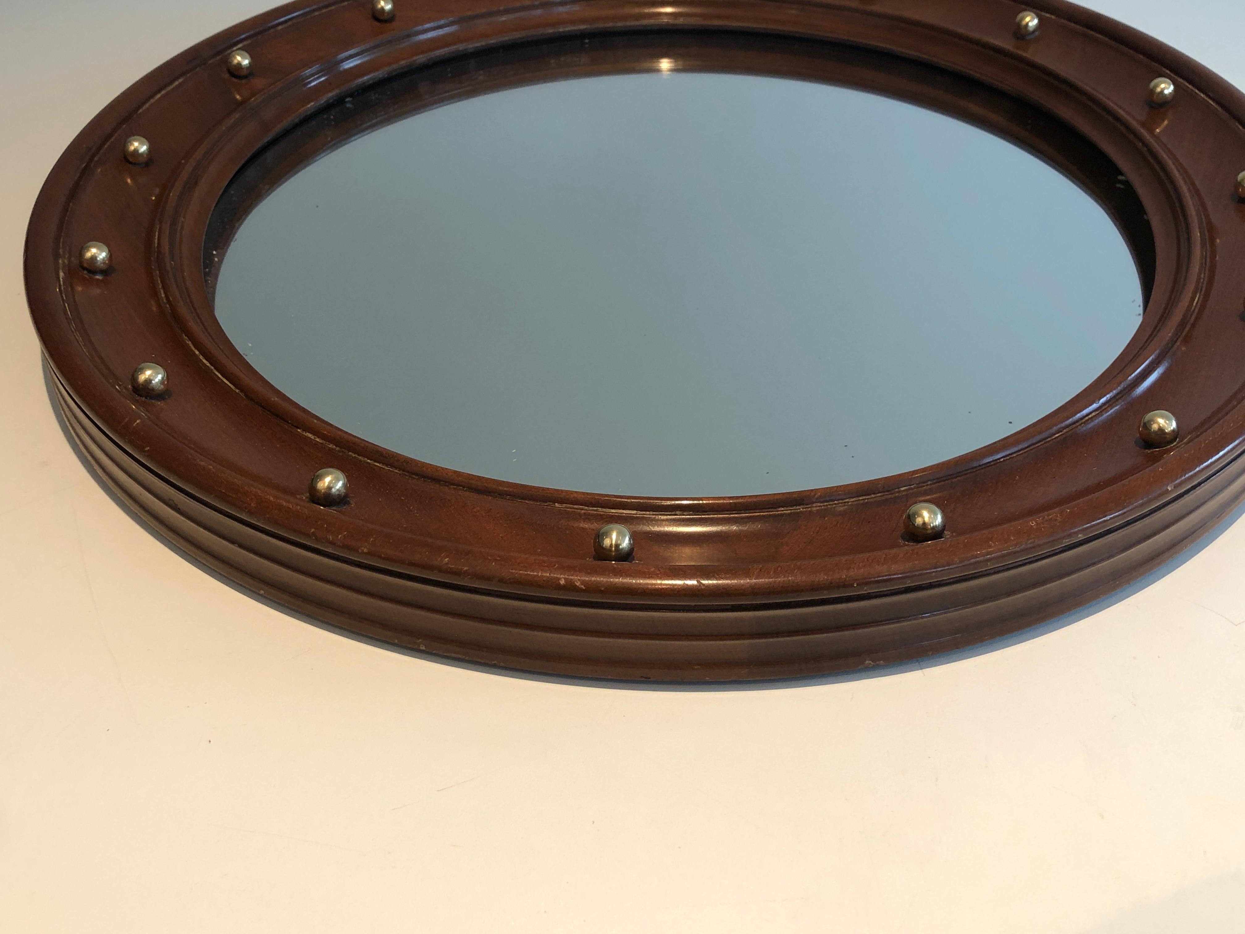 Mid-Century Modern Round Wood and Brass Mirro, French Work, circa 1950 For Sale