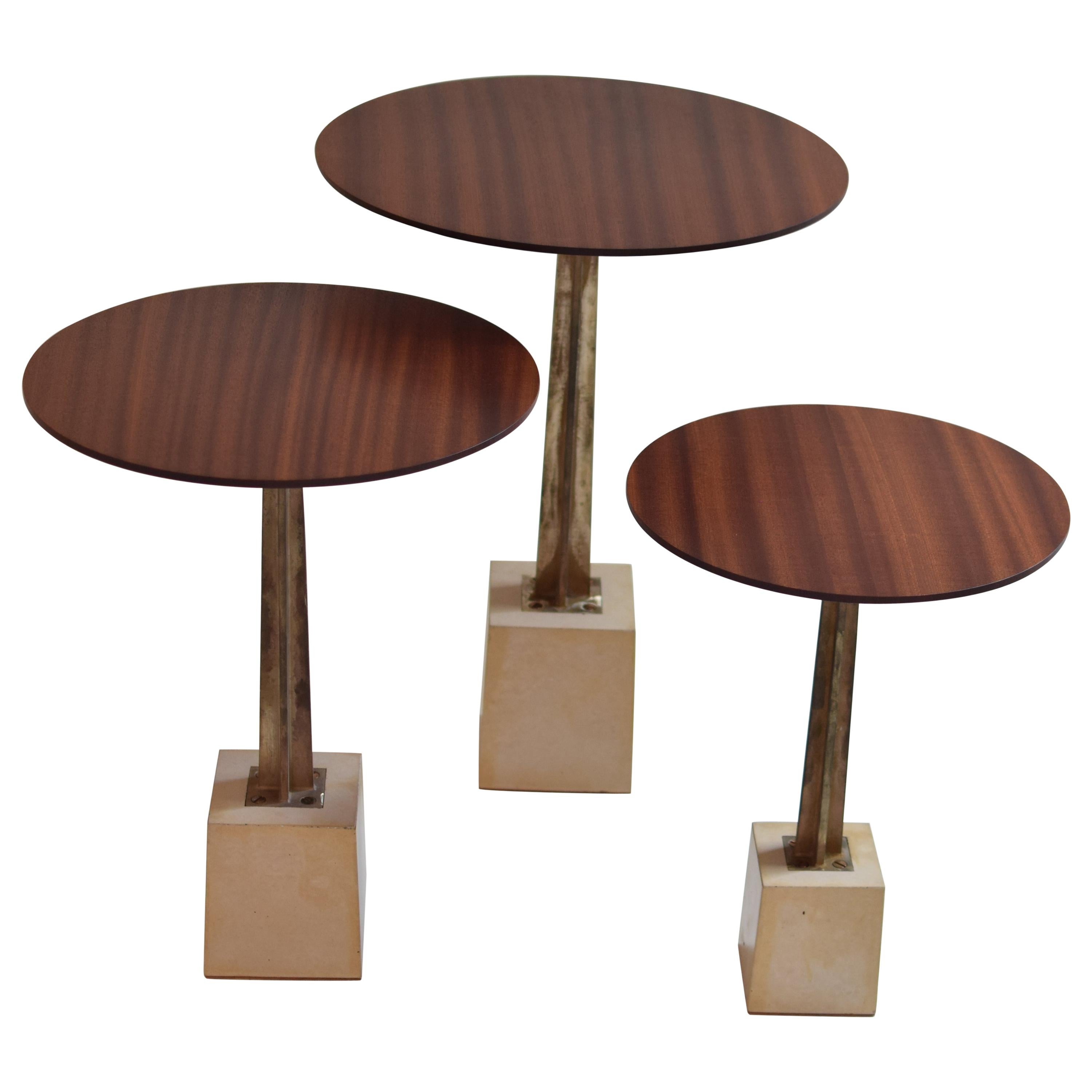 Round Wood, Bronze and Concrete Side Table For Sale