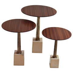 Round Wood, Bronze and Concrete Side Table