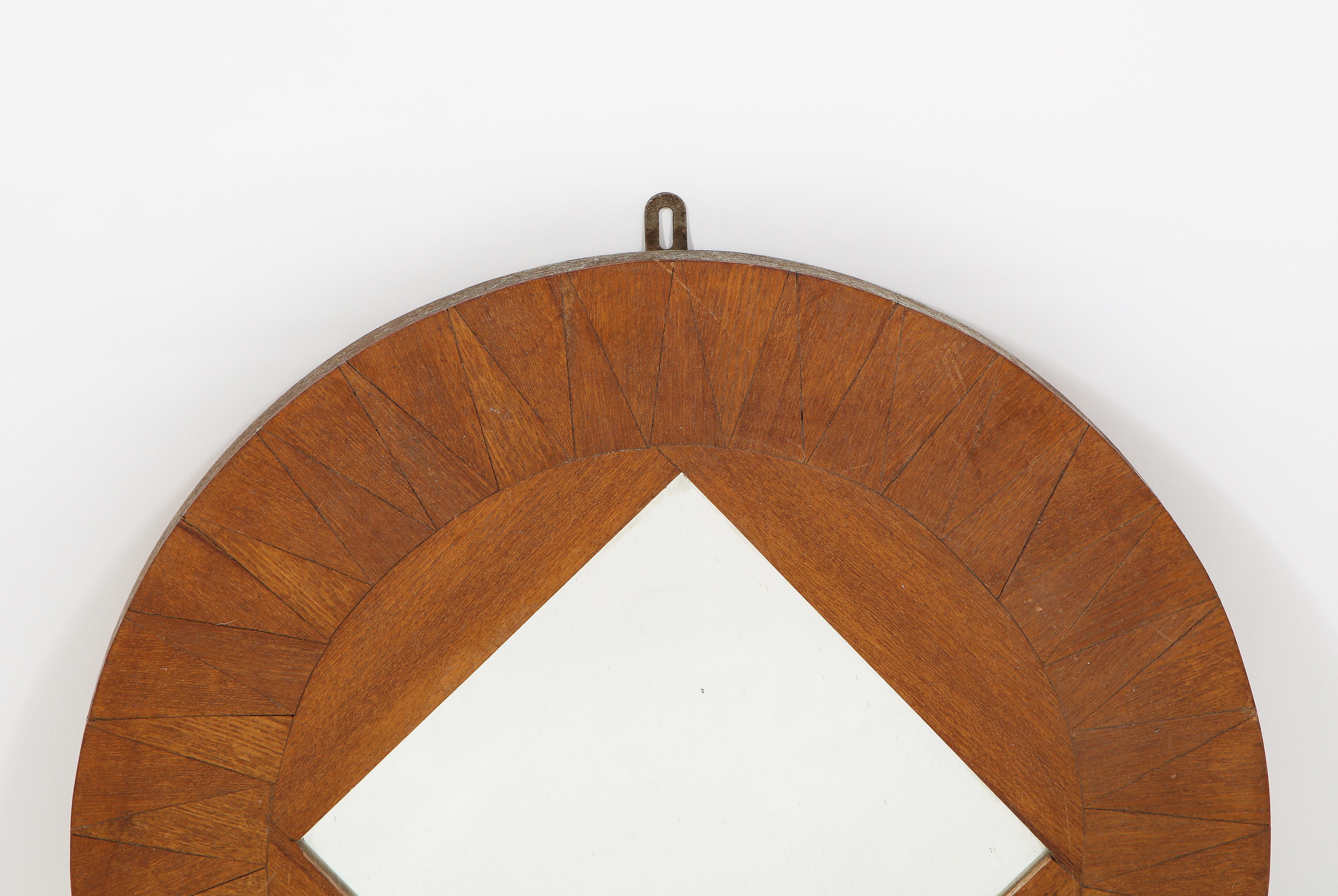 French Round Wood Inlays Mirror, France 1950's