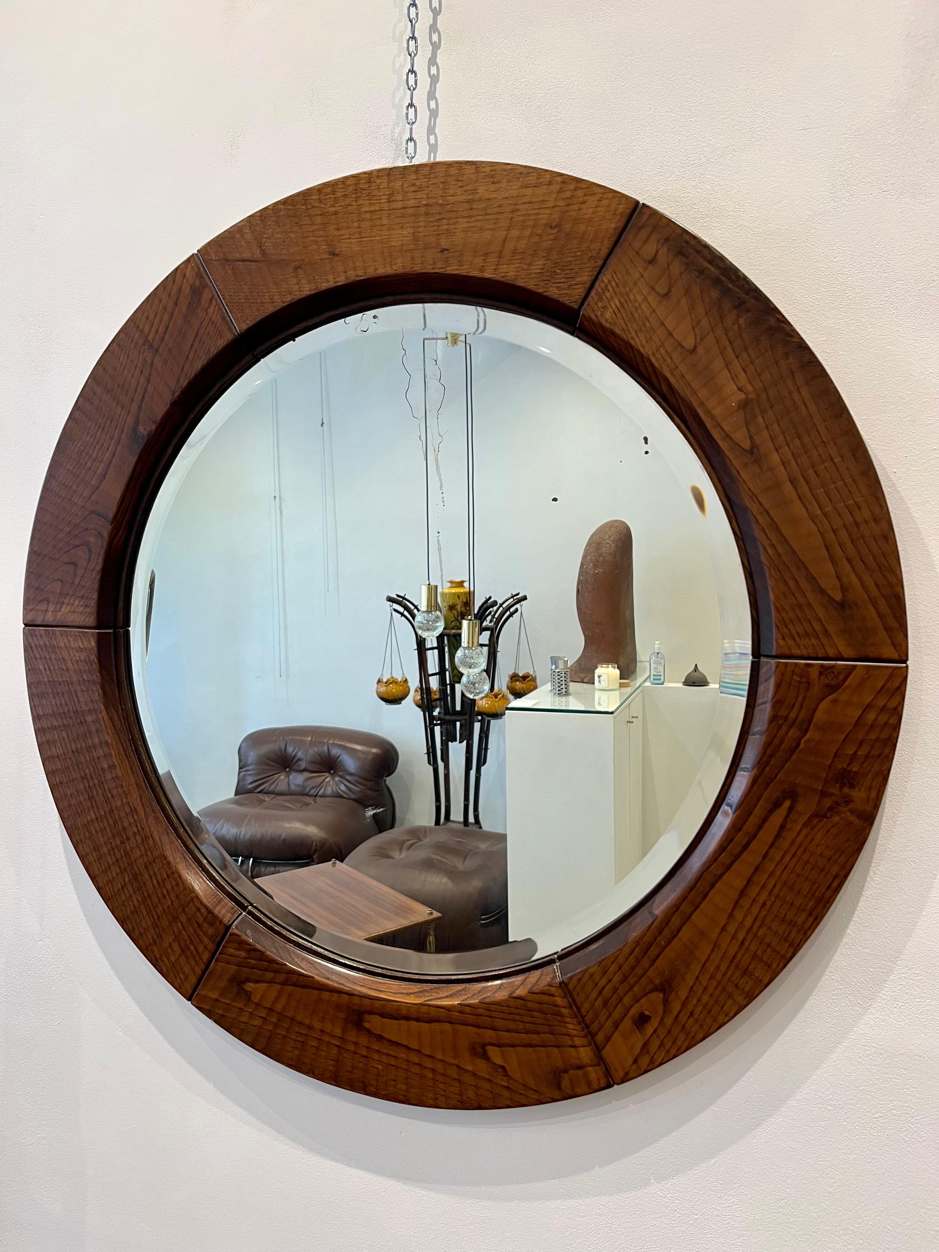 Brutalist Round Wood Mirror by Giuseppe Rivadossi, 1970s, Italy