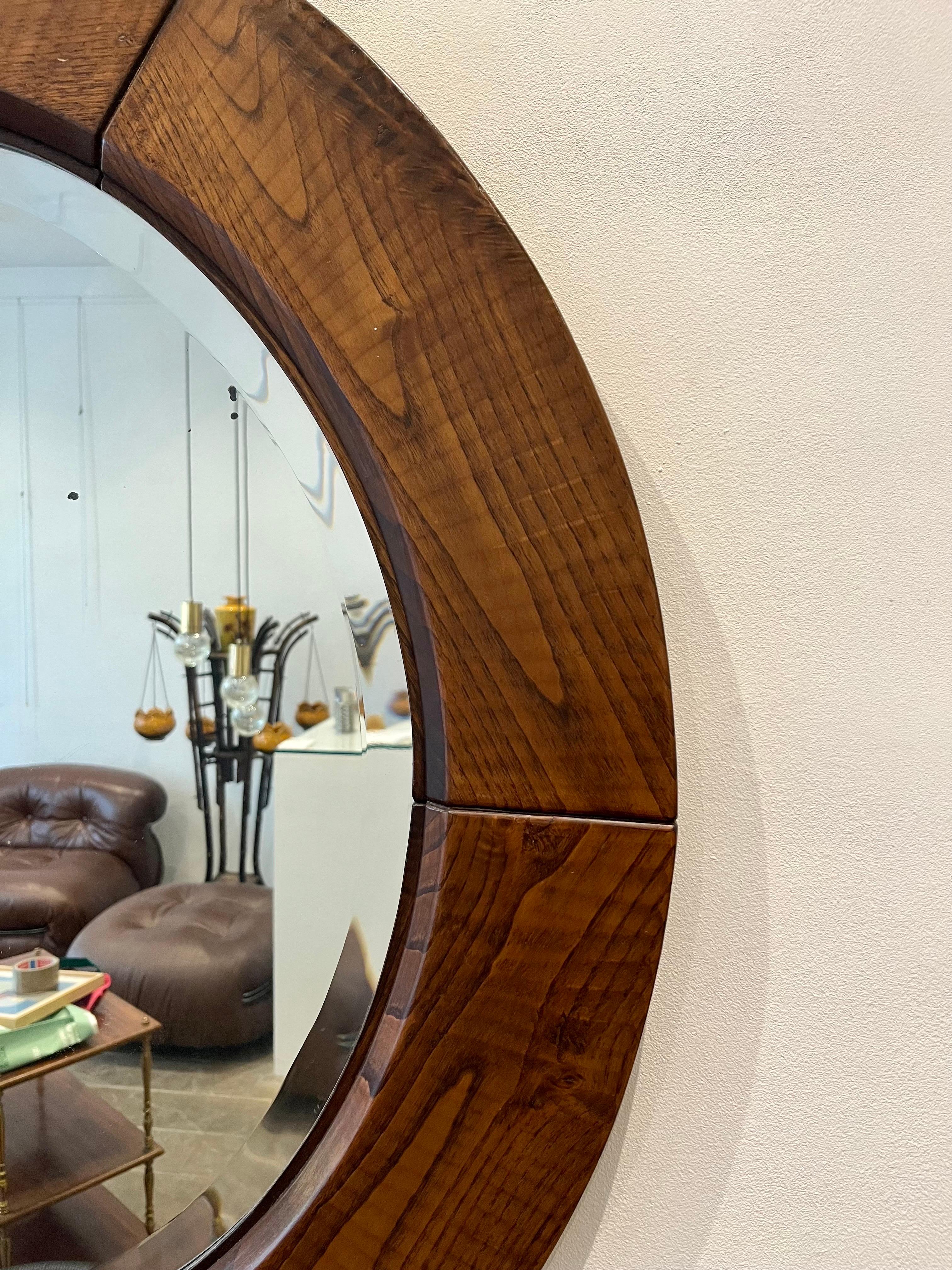 Italian Round Wood Mirror by Giuseppe Rivadossi, 1970s, Italy