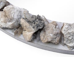 Runder Holzspiegel mit fossilen Muschelschalen und Kristallspitzen