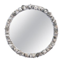 Round Wood Mirror with Fossil Clam Shells and Crystal Points