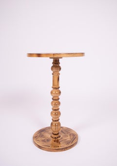 Round Wood Side Table - Handcrafted Marquetry Inlay - Charred Finish