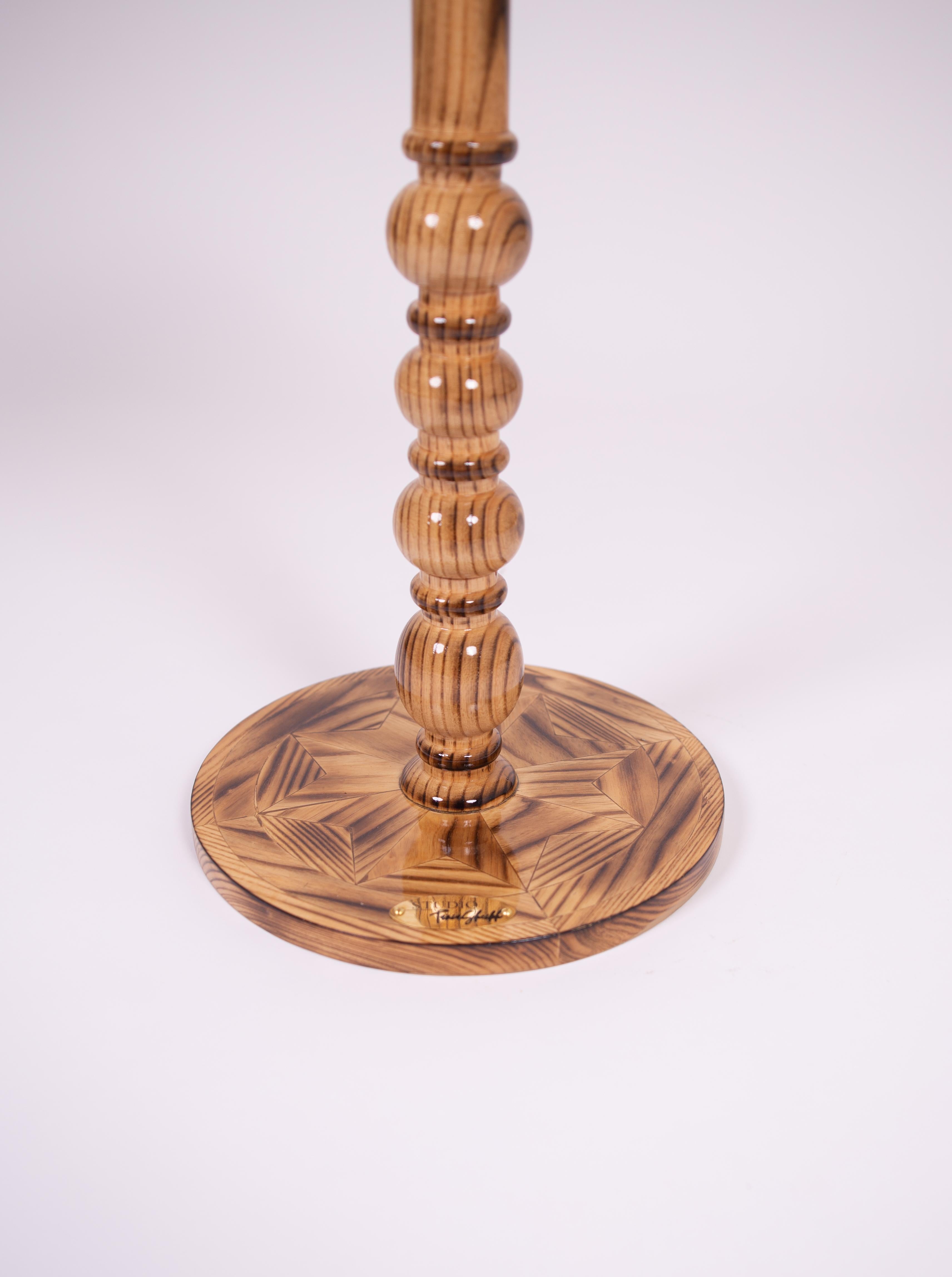 Mid-Century Modern Round Wood Side Table - Handcrafted Marquetry Inlay - Charred Finish For Sale