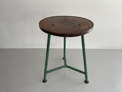 Round Wood Top Industrial Stool with Green Iron Tripod Legs, 1940s, Germany