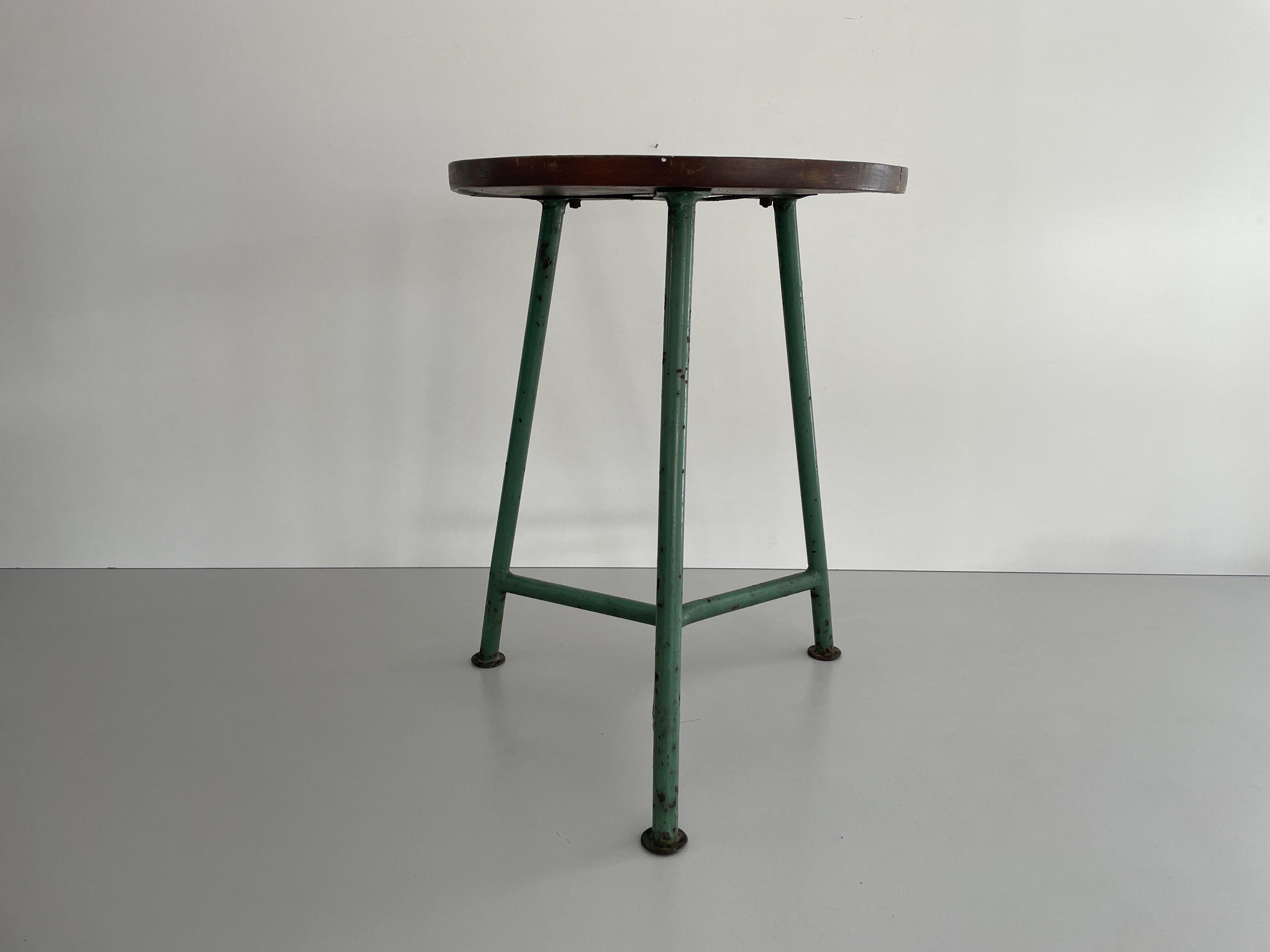 Art Deco Round Wood Top Industrial Stool with Green Iron Tripod Legs, 1940s, Germany For Sale