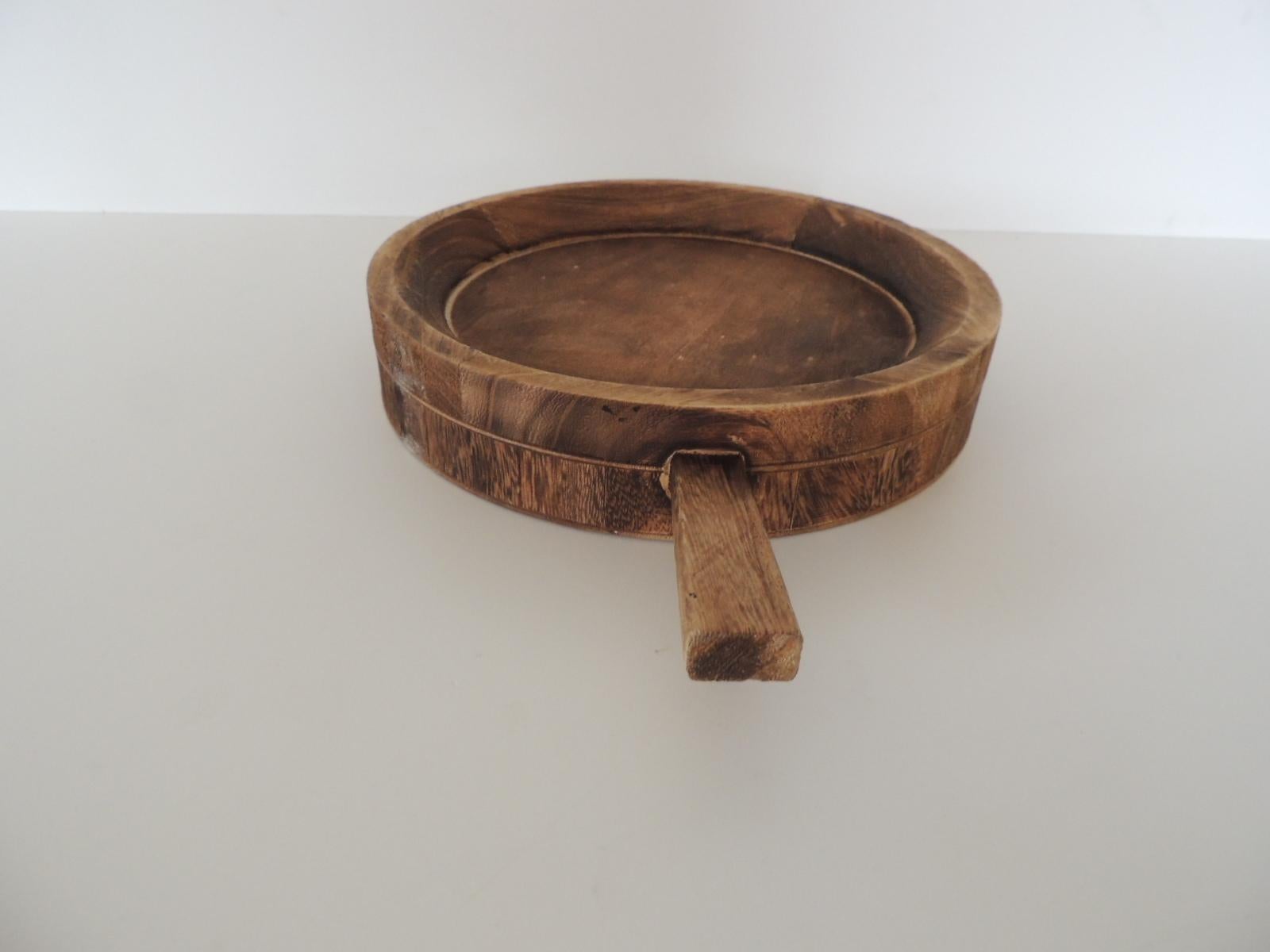 Rustic Round Wooden Artisanal Bowl with Handle