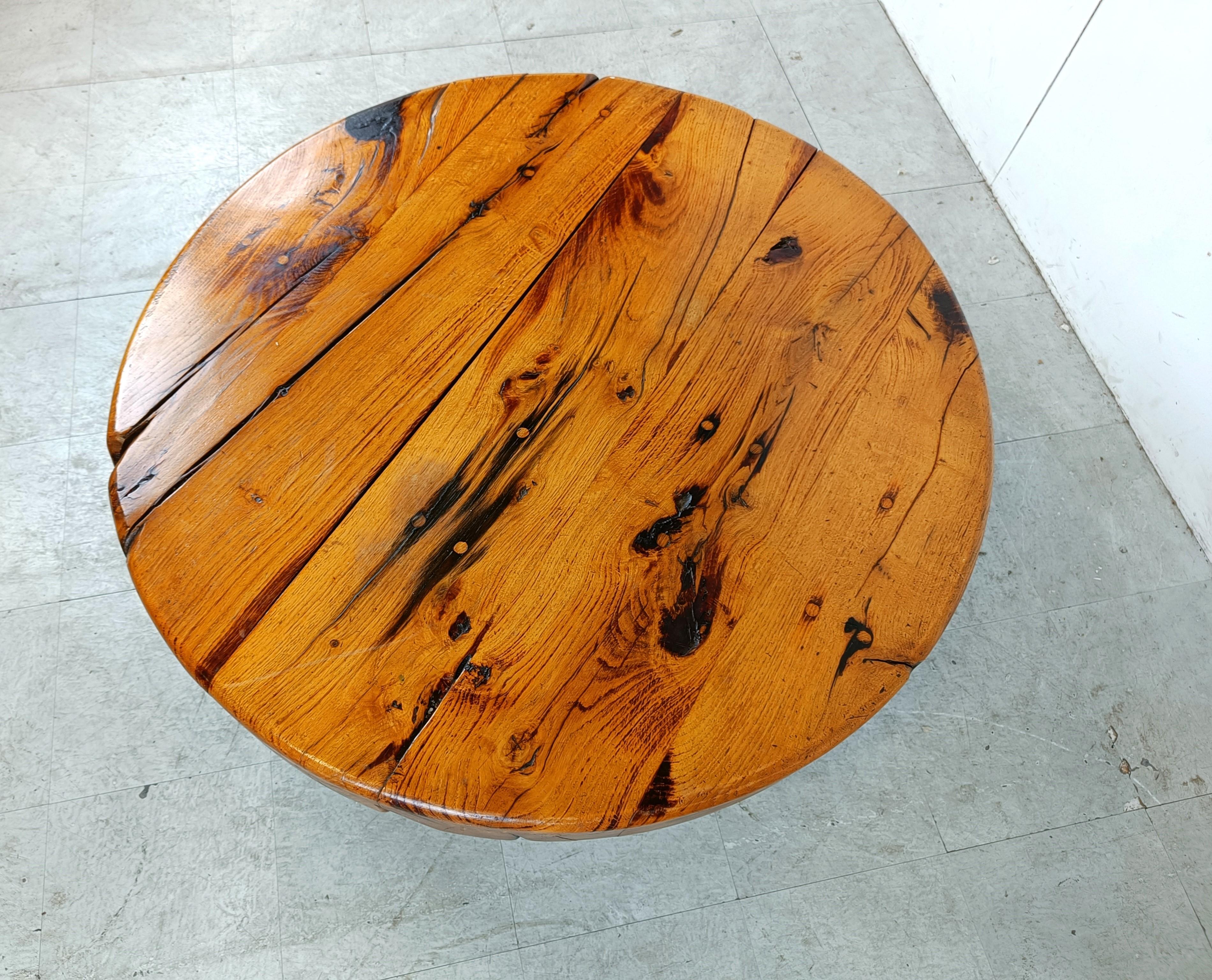 Round wooden brutalist coffee table, 1960s 3