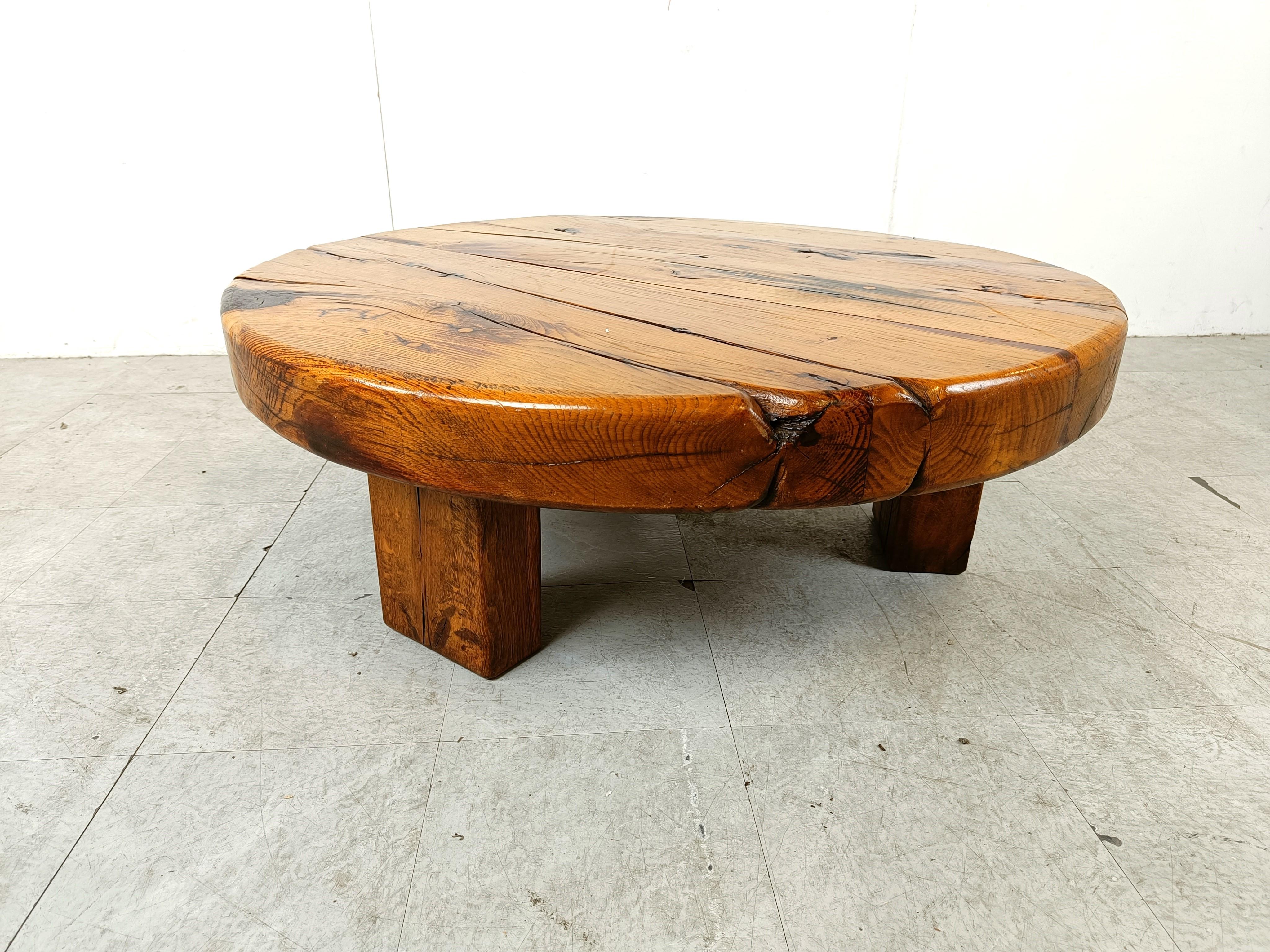 Round wooden brutalist coffee table, 1960s 4