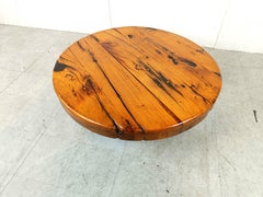 Round wooden brutalist coffee table, 1960s