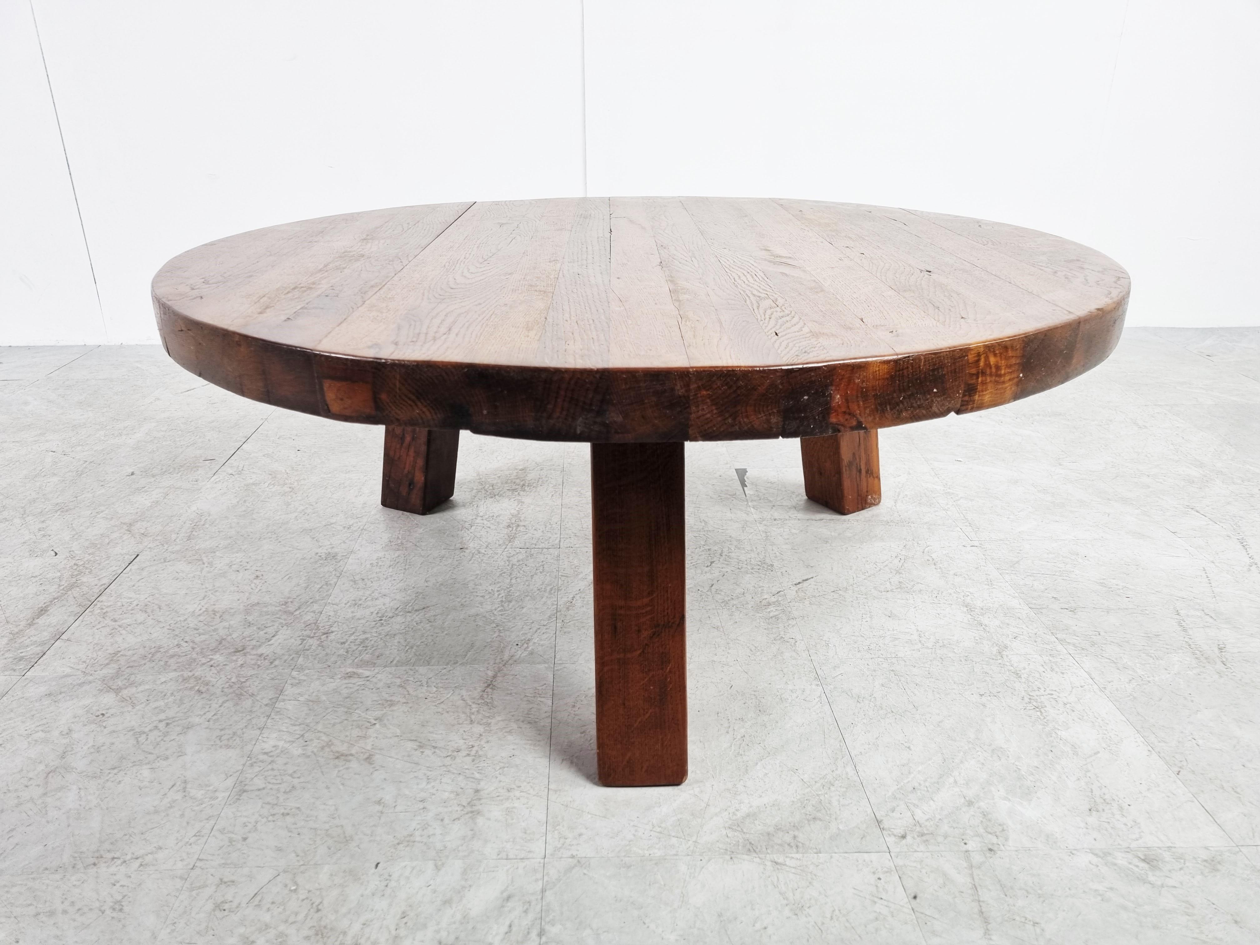 Belgian Round Wooden Brutalist Coffee Table, 1960s