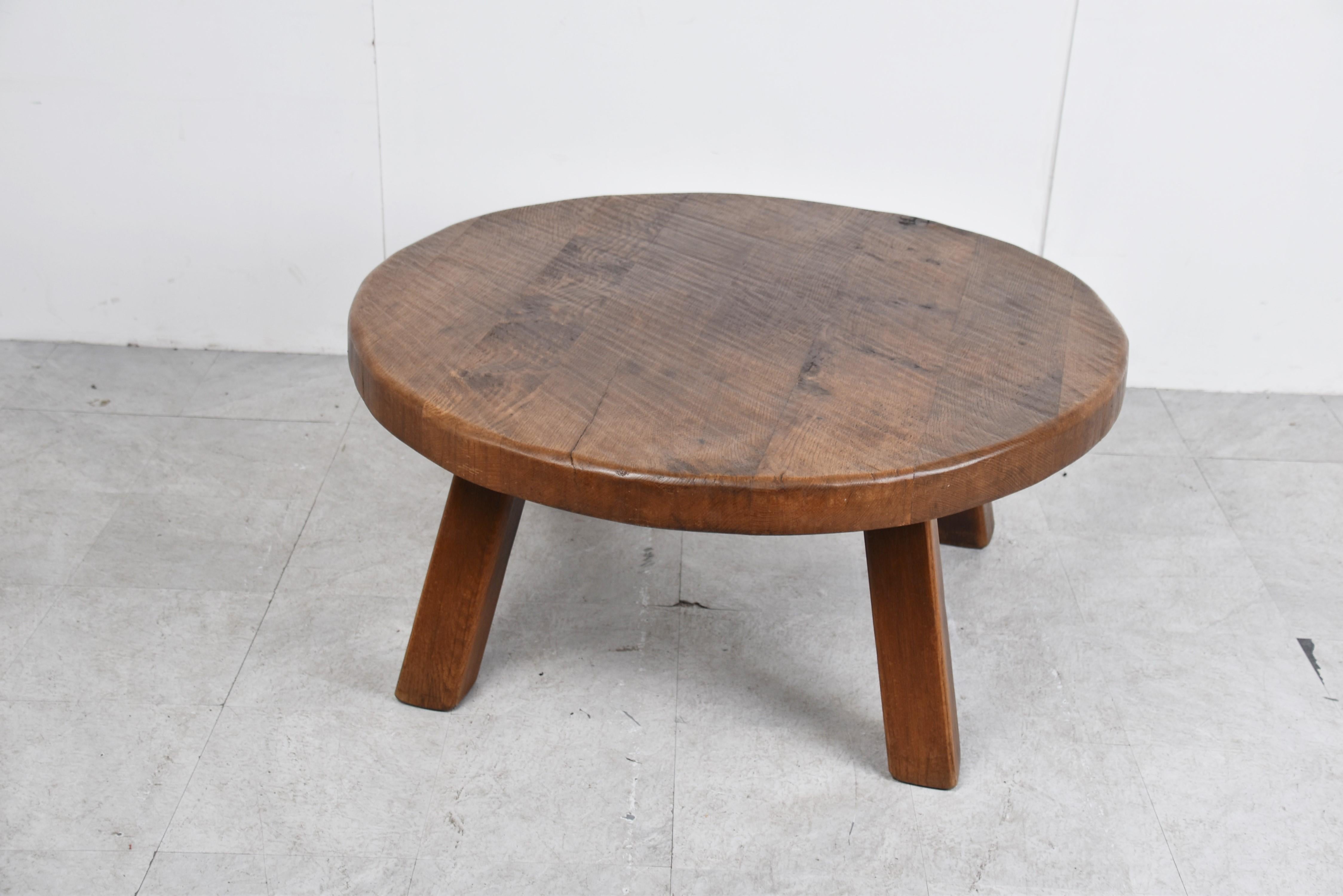 Belgian Round wooden brutalist coffee table, 1960s