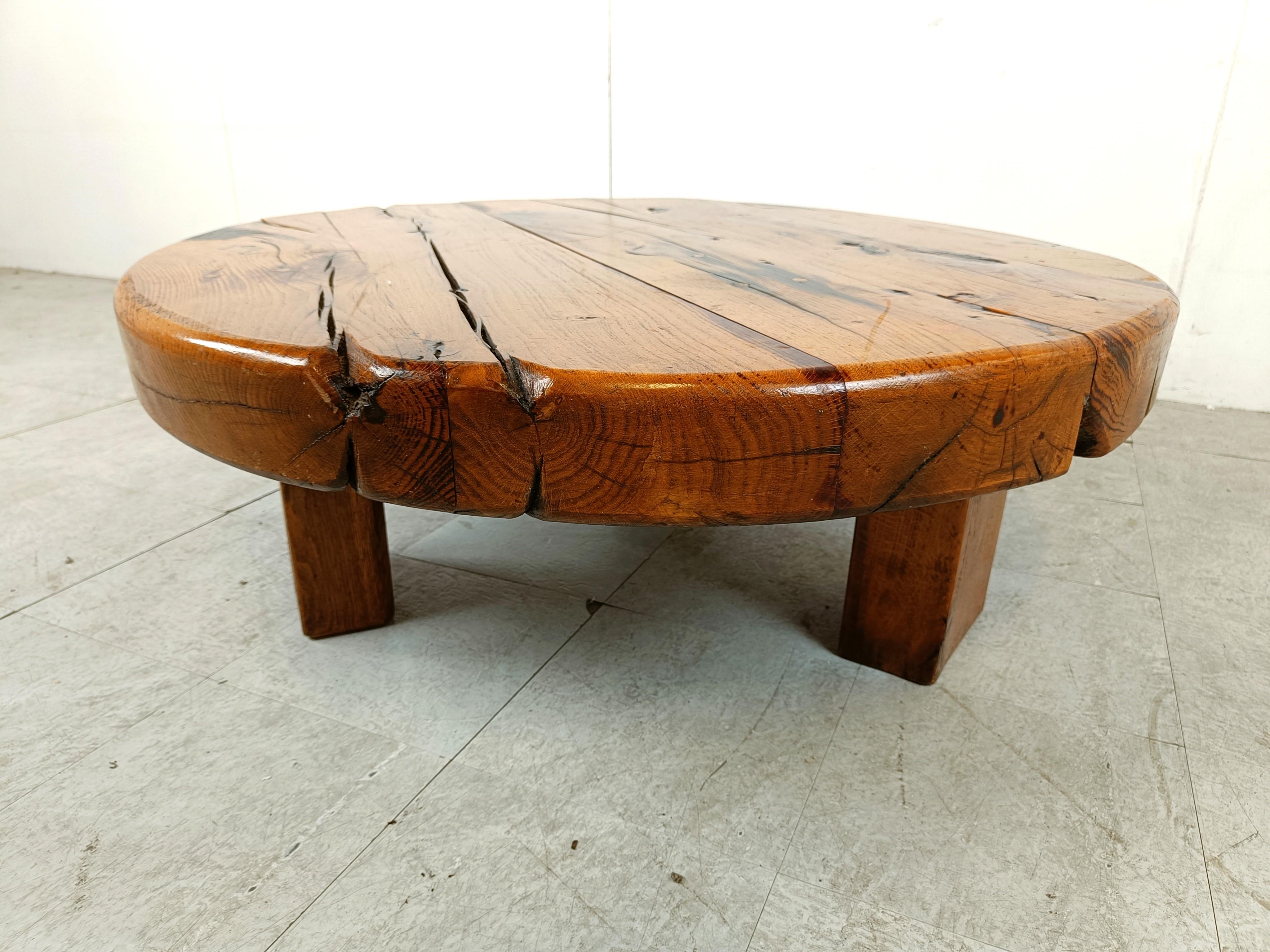 Belgian Round wooden brutalist coffee table, 1960s