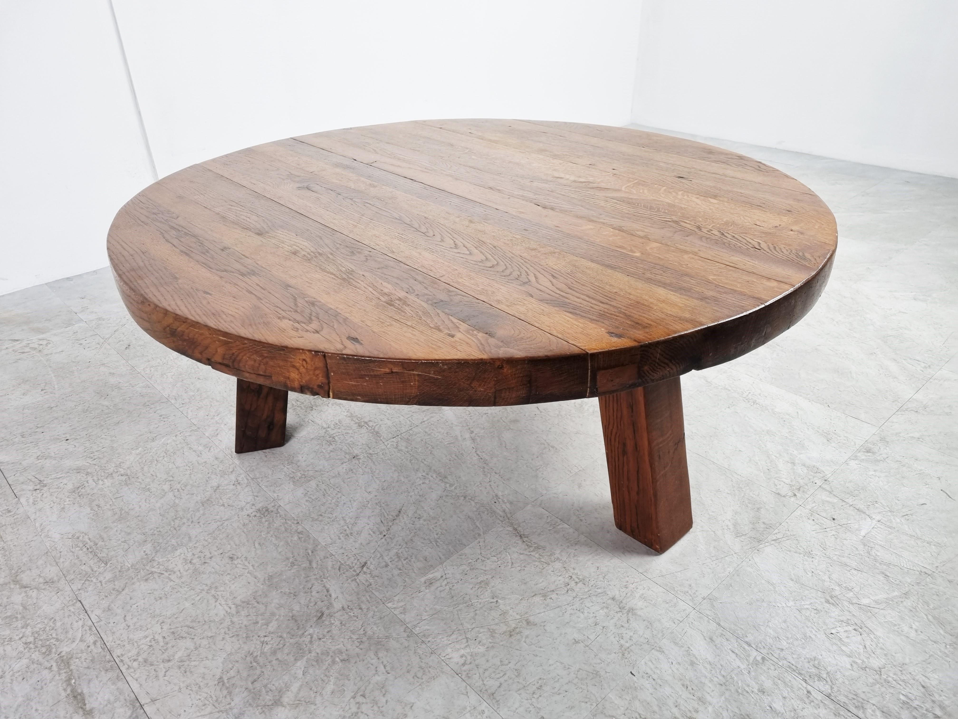 Oak Round Wooden Brutalist Coffee Table, 1960s