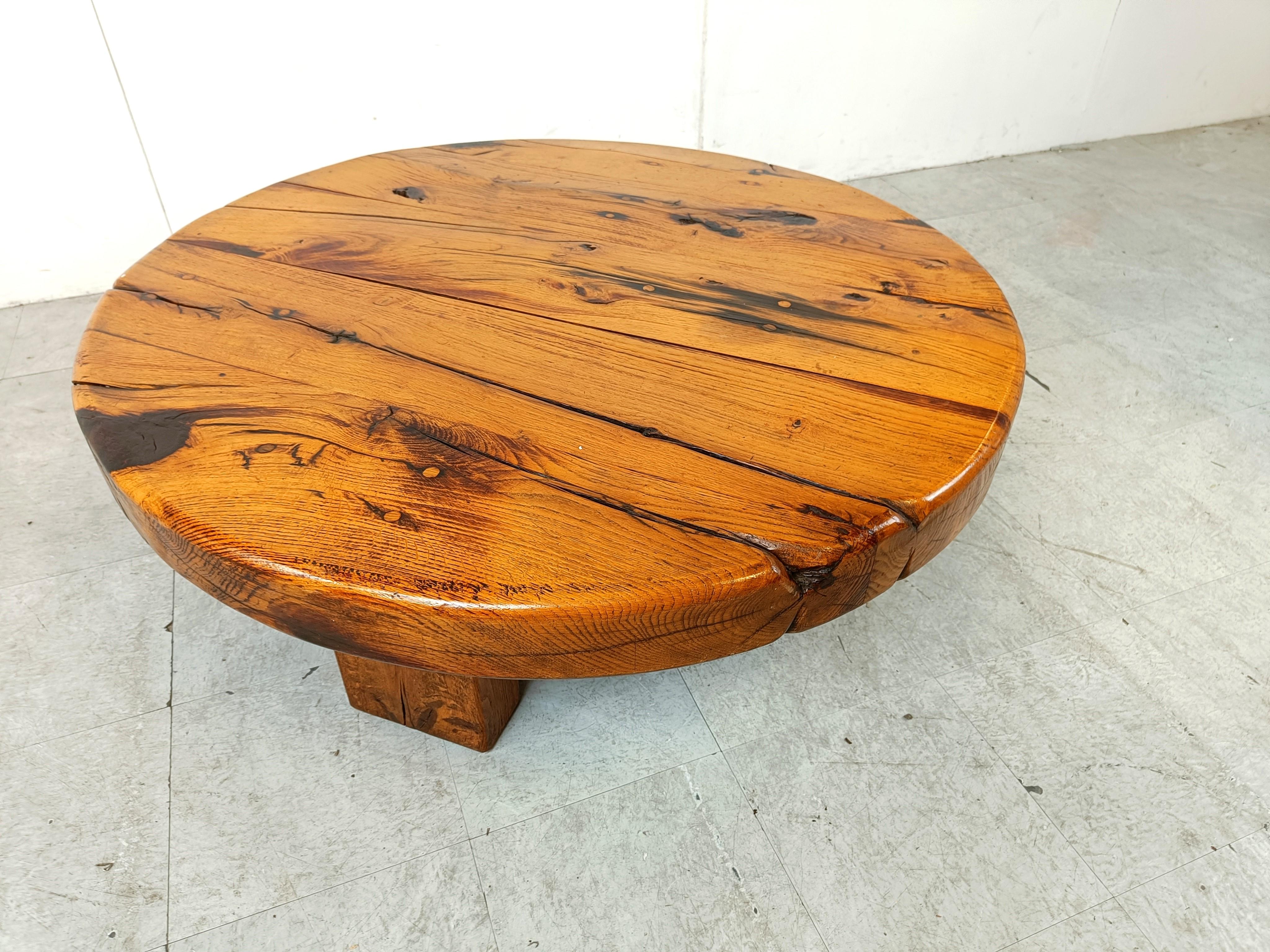 Mid-20th Century Round wooden brutalist coffee table, 1960s