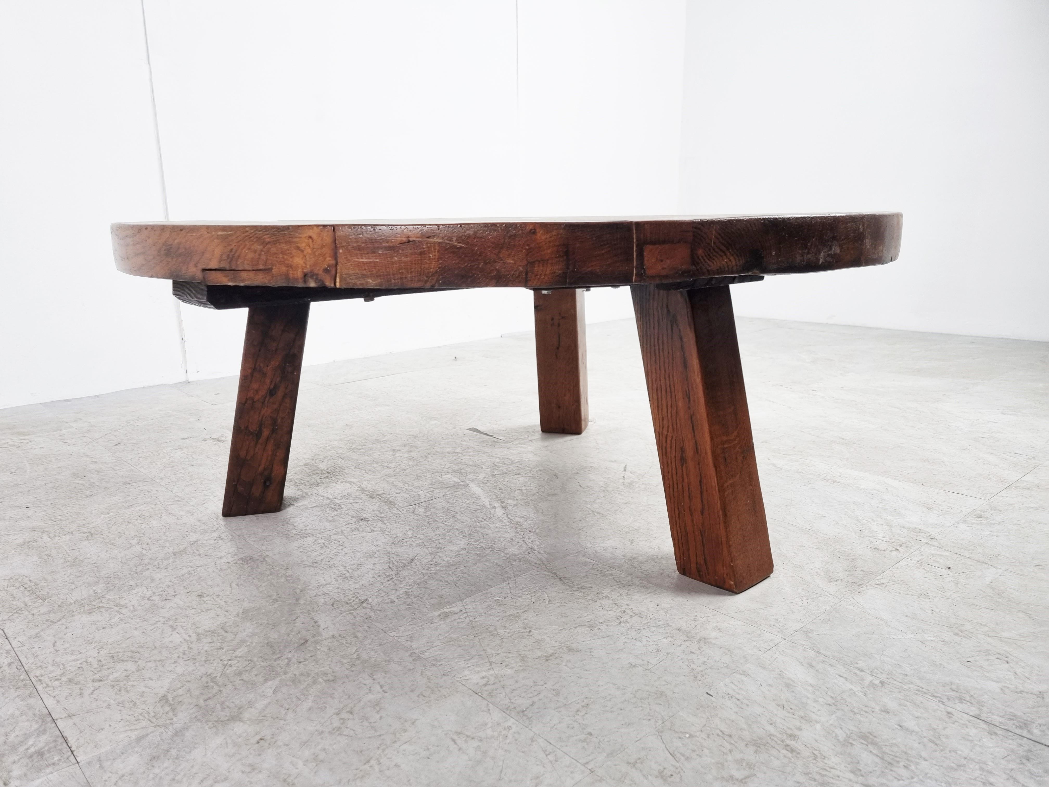 Round Wooden Brutalist Coffee Table, 1960s 1