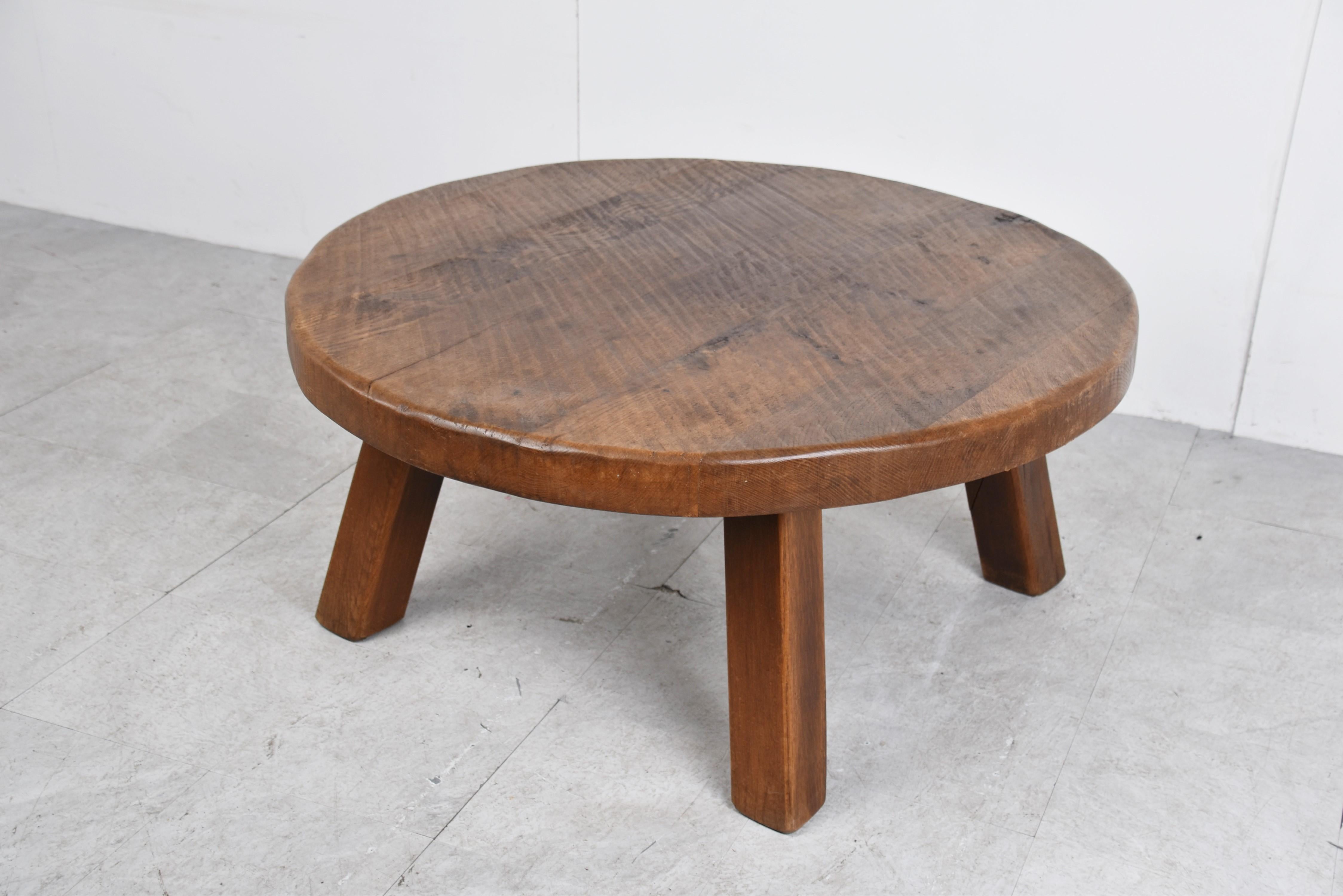Oak Round wooden brutalist coffee table, 1960s