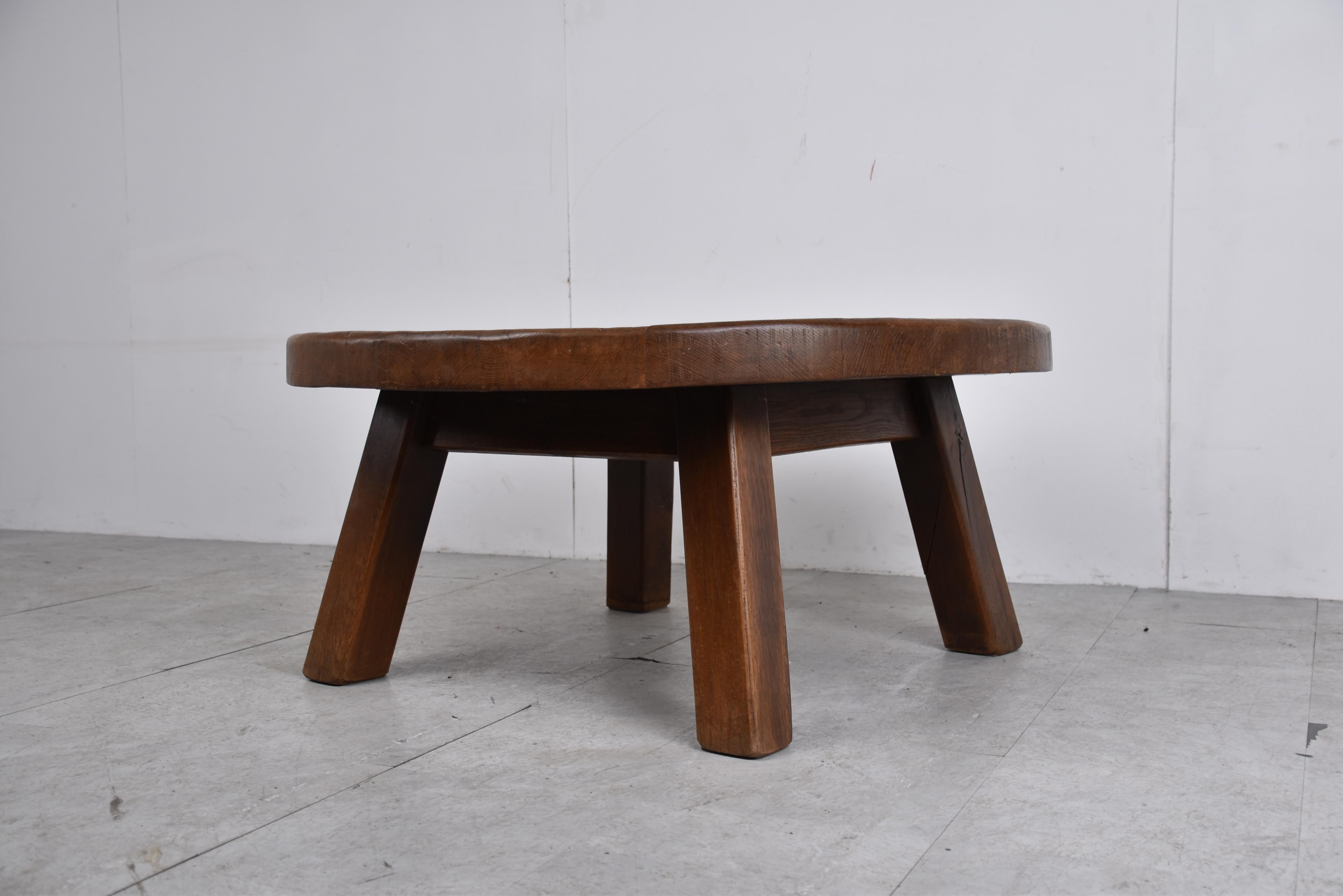 Round wooden brutalist coffee table, 1960s 1