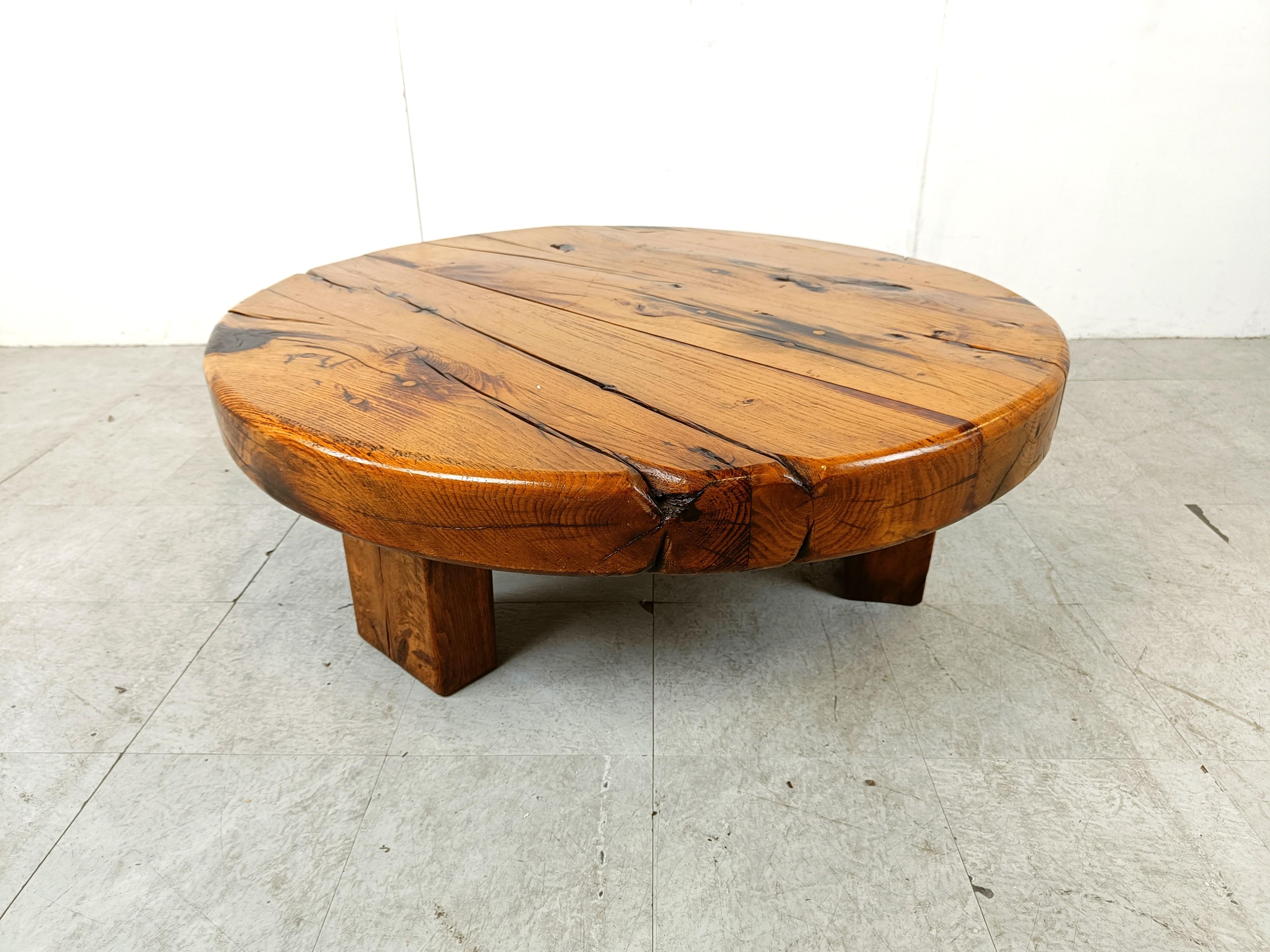 Round wooden brutalist coffee table, 1960s 1