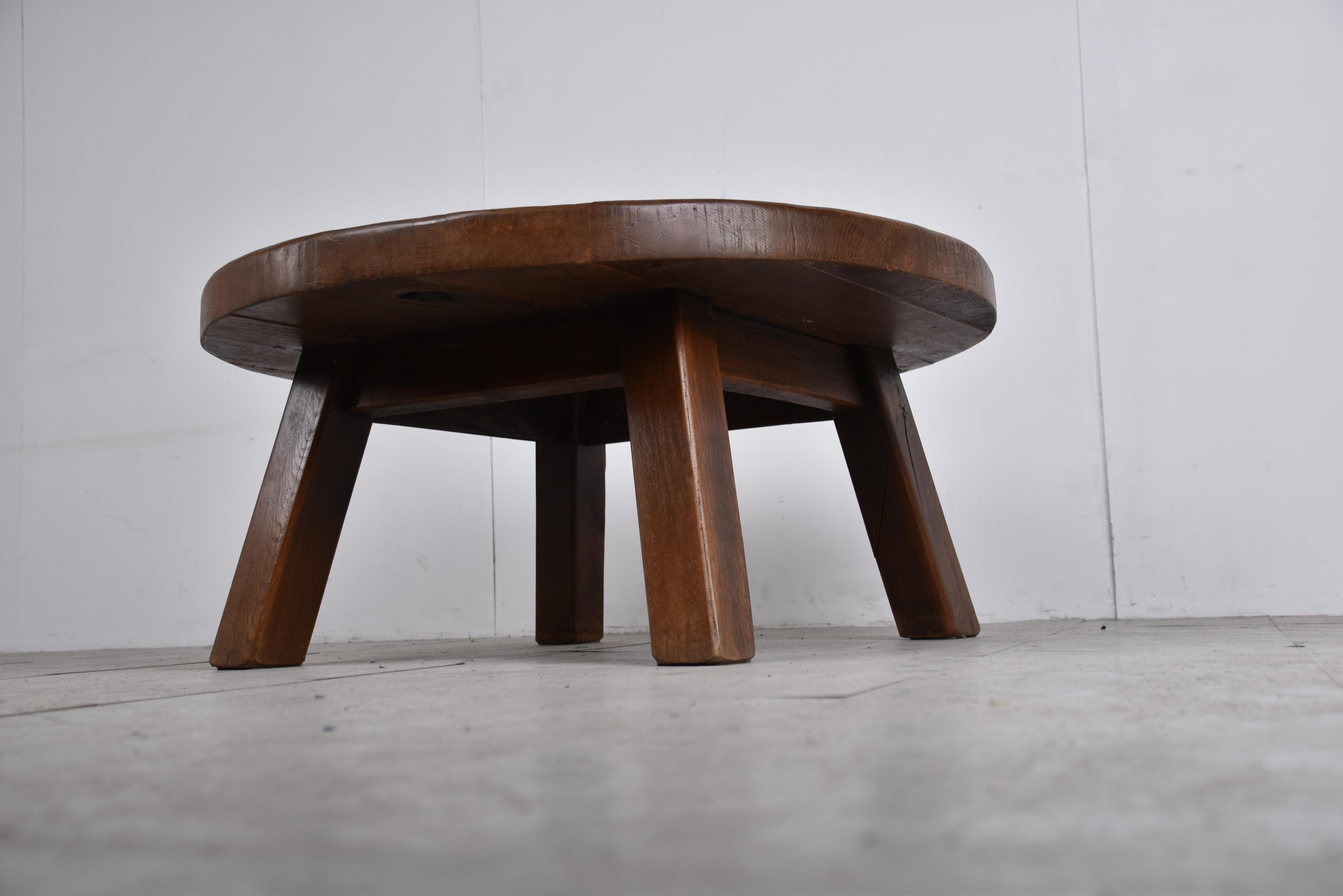 Round wooden brutalist coffee table, 1960s 2