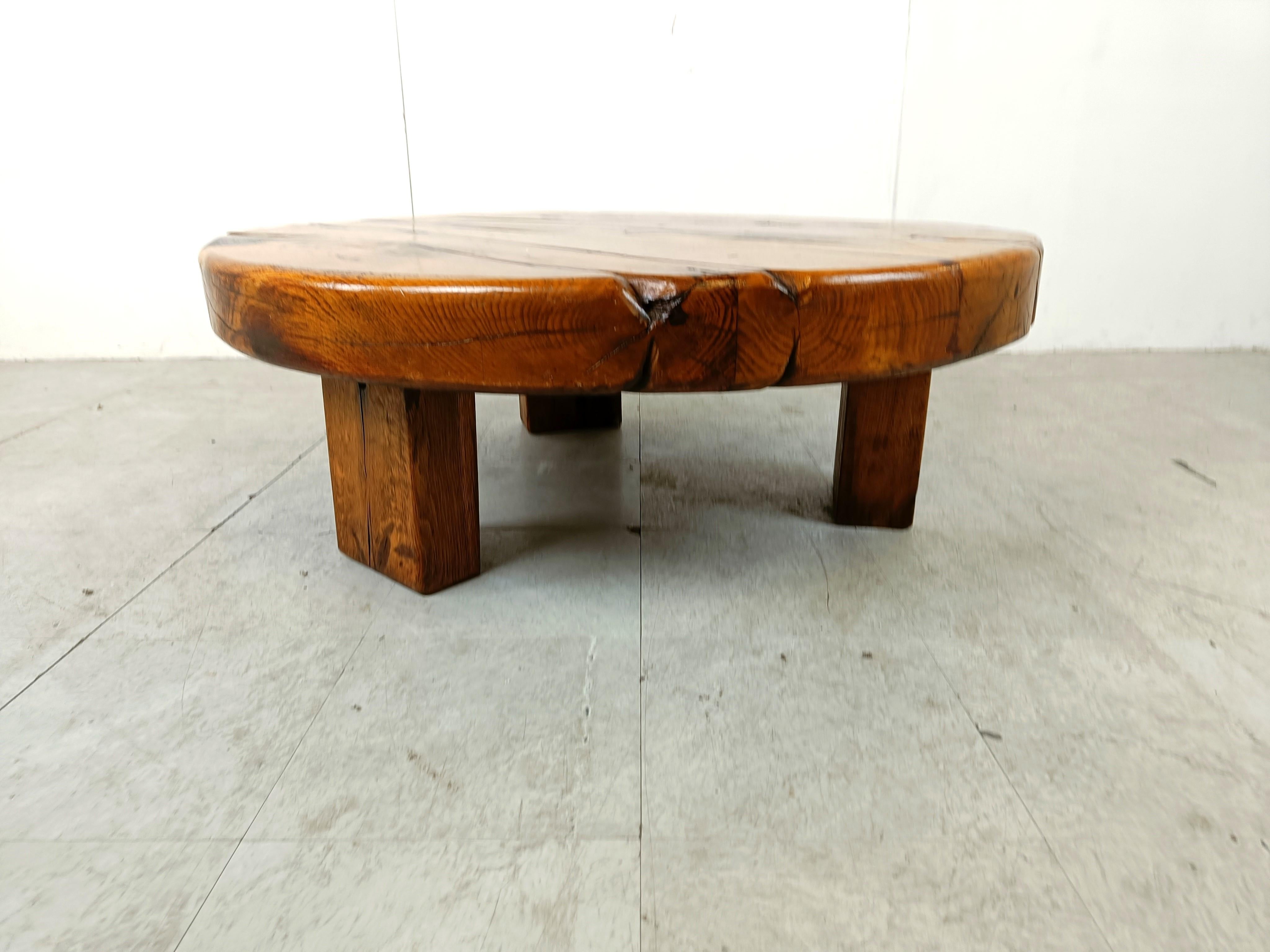 Round wooden brutalist coffee table, 1960s 2