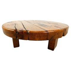 Round wooden brutalist coffee table, 1960s