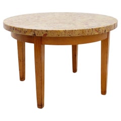 Round wooden coffee table with a marble top made of Aleppo breccia