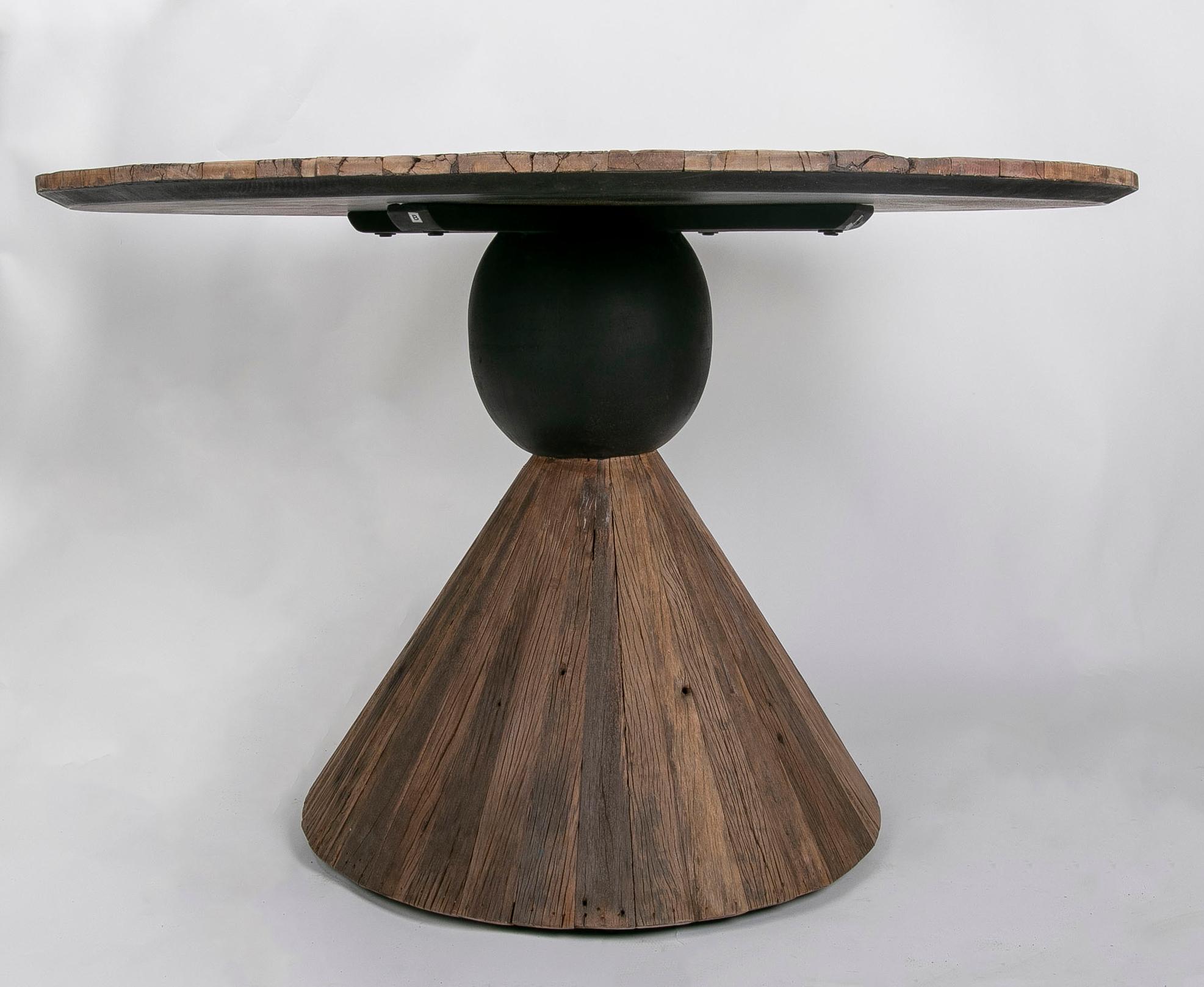 European Round Wooden Table with Black Painted Ball Decoration on Foot For Sale