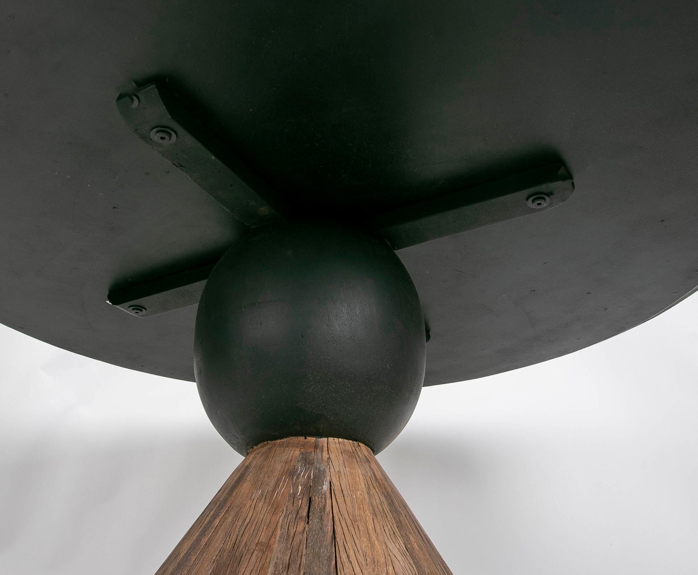 Contemporary Round Wooden Table with Black Painted Ball Decoration on Foot For Sale