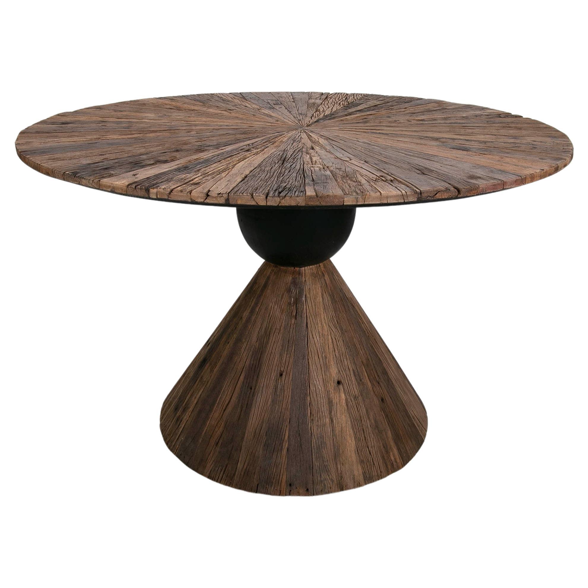 Round Wooden Table with Black Painted Ball Decoration on Foot For Sale